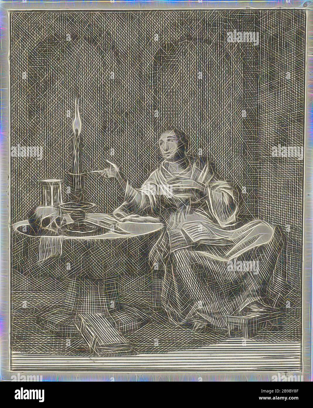 Femme assise à une table avec une bougie brûlante, un sablier et un crâne. La seconde est meilleure, les symboles 'Vanitas', Jan Luyken (mentionné sur l'objet), Amsterdam, 1687, papier, gravure, h 95 mm × W 78 mm, repensée par Gibon, conception de glanissement chaleureux et gai de la luminosité et des rayons de lumière radiance. L'art classique réinventé avec une touche moderne. La photographie inspirée du futurisme, qui embrasse l'énergie dynamique de la technologie moderne, du mouvement, de la vitesse et révolutionne la culture. Banque D'Images