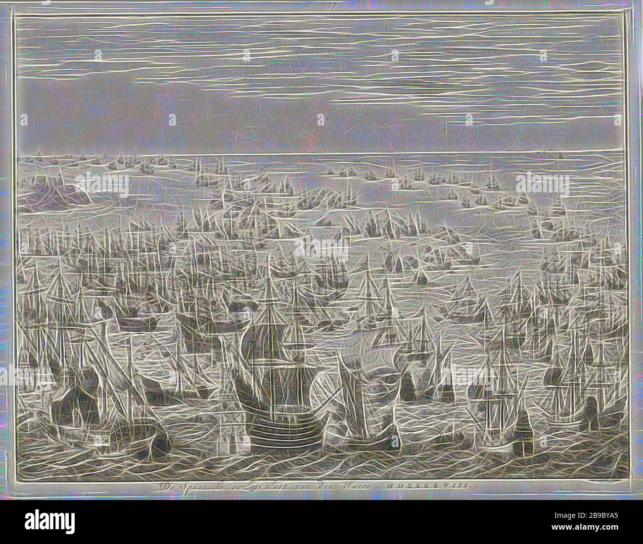 Chute de l'Armada espagnole, 1588 la flotte de guerre espagnole de la Jere MDLXXXVIII (titre sur objet), chute de l'Armada espagnole ou de la flotte invincible, entre le 31 juillet et le 12 août 1588. Bataille entre les flottes espagnole et combinée anglaise et néerlandaise dans la Manche. Au premier plan, une grande frégate espagnole est prise par un petit navire néerlandais avec la bannière de la ville de Leiden, à gauche une galley, bataille (force navale), Manche, Jan Luyken (mentionné sur l'objet), Amsterdam, 1679 - 1684, papier, gravure, h 272 mm × l 351 mm, repensé par Gibon, design de brillant gai chaud Banque D'Images