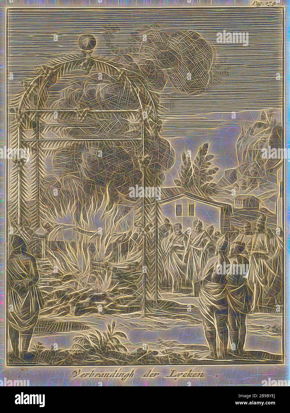 Crémation cérémonielle dans Ceylon Verbrandingh der Lycken (titre sur objet), Imprimer en haut à droite: Pag. 174, brûlant le corps, crémation, Sri Lanka, Jan Luyken, 1692, papier, gravure, h 169 mm × W 126 mm, réinventé par Gibon, design de glanissement chaleureux et gai de la luminosité et des rayons de lumière radiance. L'art classique réinventé avec une touche moderne. La photographie inspirée du futurisme, qui embrasse l'énergie dynamique de la technologie moderne, du mouvement, de la vitesse et révolutionne la culture. Banque D'Images