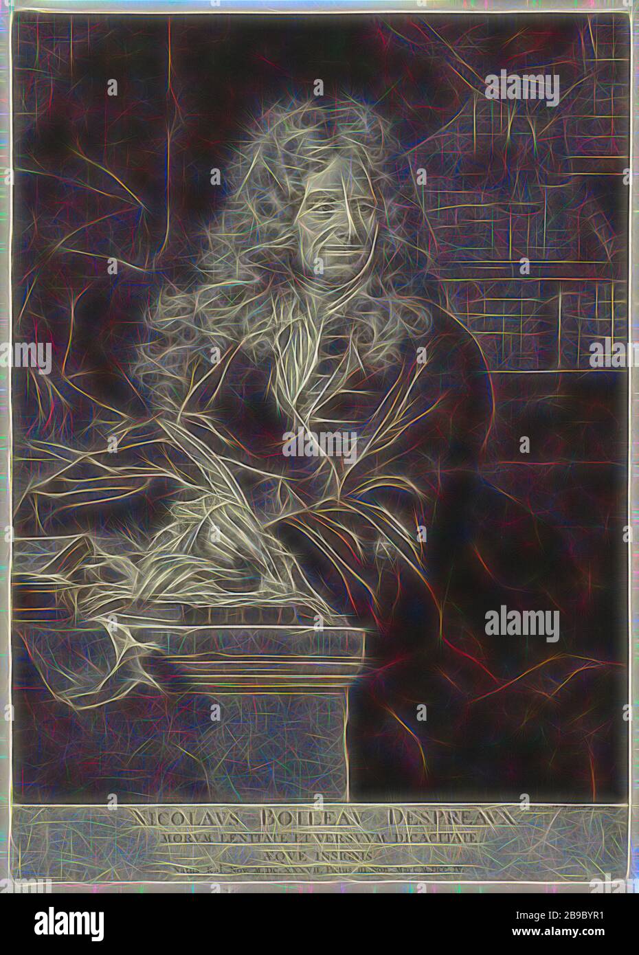 Portrait de Nicolas Boileau-Despré aux, poète français Nicolas Boileau-Despré aux. Il est assis à un bureau avec un ressort d'écriture dans sa main. Derrière lui, les librairies Jacob Gole (mentionné sur l'objet), Amsterdam, 1704, papier, gravure, h 405 mm × W 287 mm, repensée par Gibon, design de glanissement chaleureux et gai de la luminosité et des rayons de lumière radiance. L'art classique réinventé avec une touche moderne. La photographie inspirée du futurisme, qui embrasse l'énergie dynamique de la technologie moderne, du mouvement, de la vitesse et révolutionne la culture. Banque D'Images