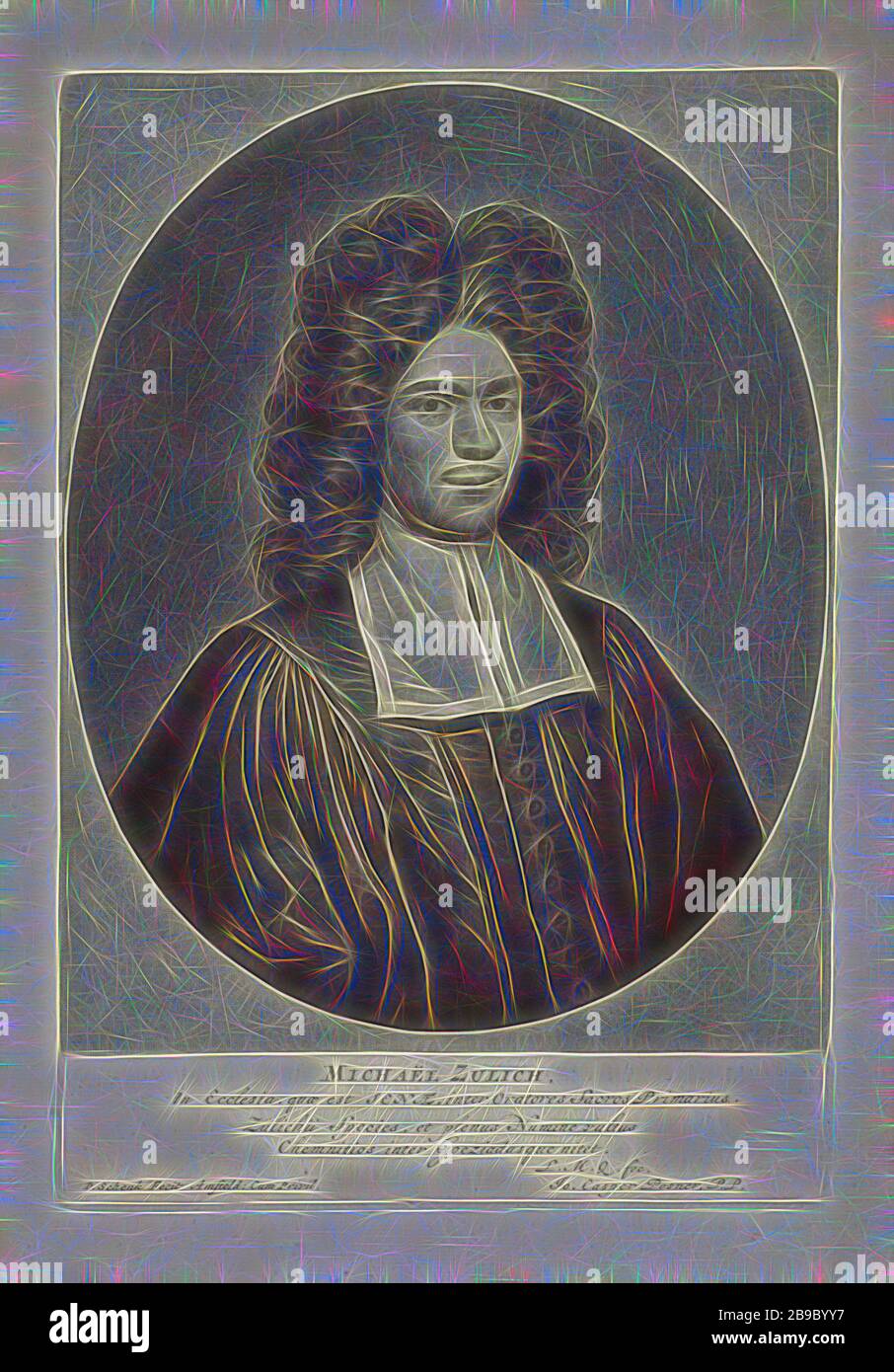 Portrait du pasteur Michael Zulich, Pieter Schenk (I) (mentionné sur l'objet), Amsterdam, 1670 - 1713, papier, gravure, h 257 mm × W 177 mm, réinventé par Gibon, design de glanissement chaleureux et joyeux de la luminosité et des rayons de lumière radiance. L'art classique réinventé avec une touche moderne. La photographie inspirée du futurisme, qui embrasse l'énergie dynamique de la technologie moderne, du mouvement, de la vitesse et révolutionne la culture. Banque D'Images