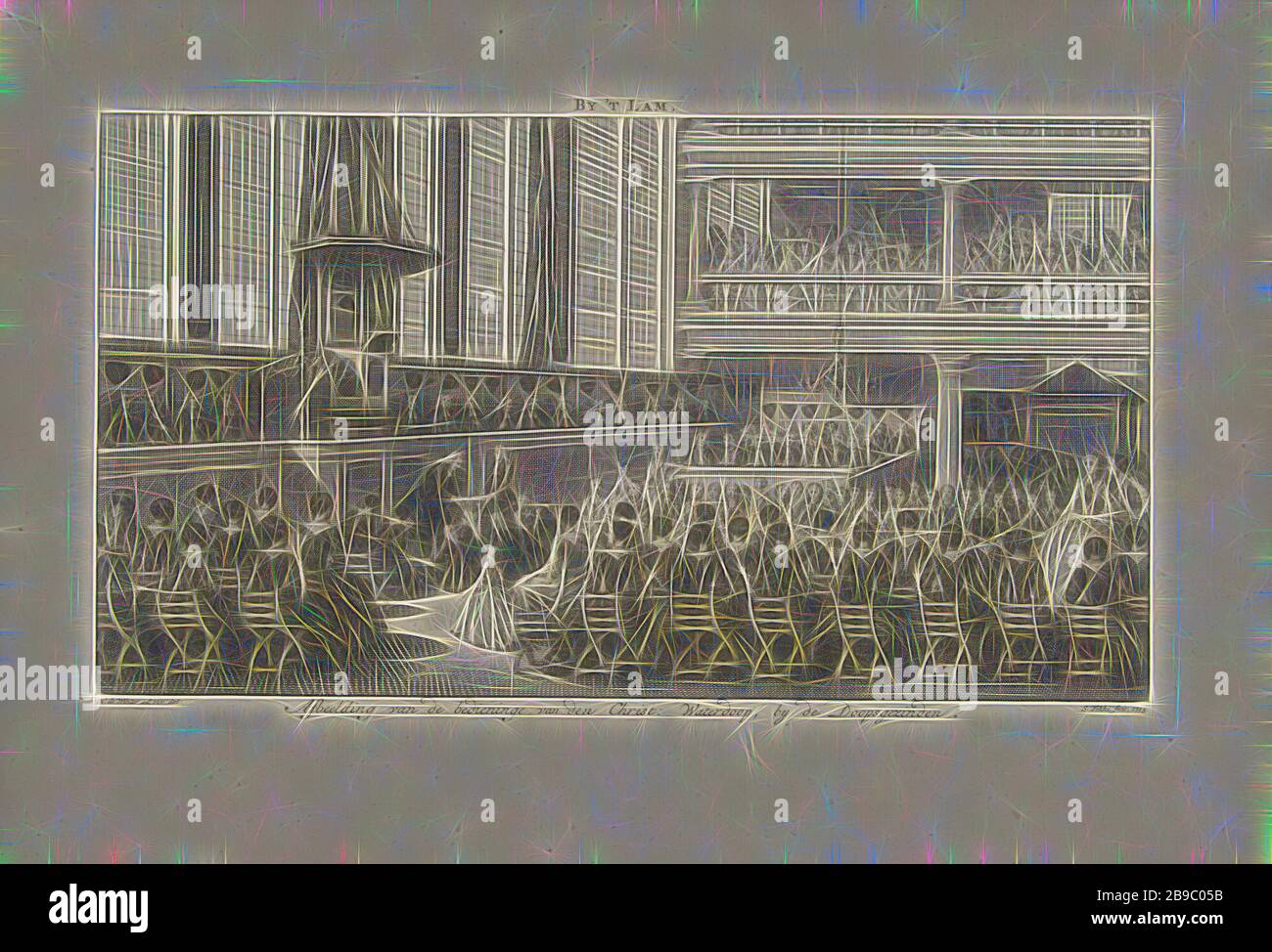 Baptême dans l'Église baptiste à 't Lam à Amsterdam par' t Lam / image du ministère du Christ: Baptême d'eau, par les baptistes (titre sur objet), Baptême dans l'Église baptiste à 't Lam, l'exhortation du Baptiste flamand, à Amsterdam, baptême, cérémonie de baptême, congrégation Le premier des sept sacrements, intérieur de l'église, églises protestantes et dénominations (MENNONITES), église baptiste Bij' t Lam, Simon Fokke (mentionné sur l'objet), Amsterdam, 1743, papier, gravure, h 156 mm × W 269 mm, repensé par Gibon, design de glanissement chaleureux et de rayons de lumière Banque D'Images