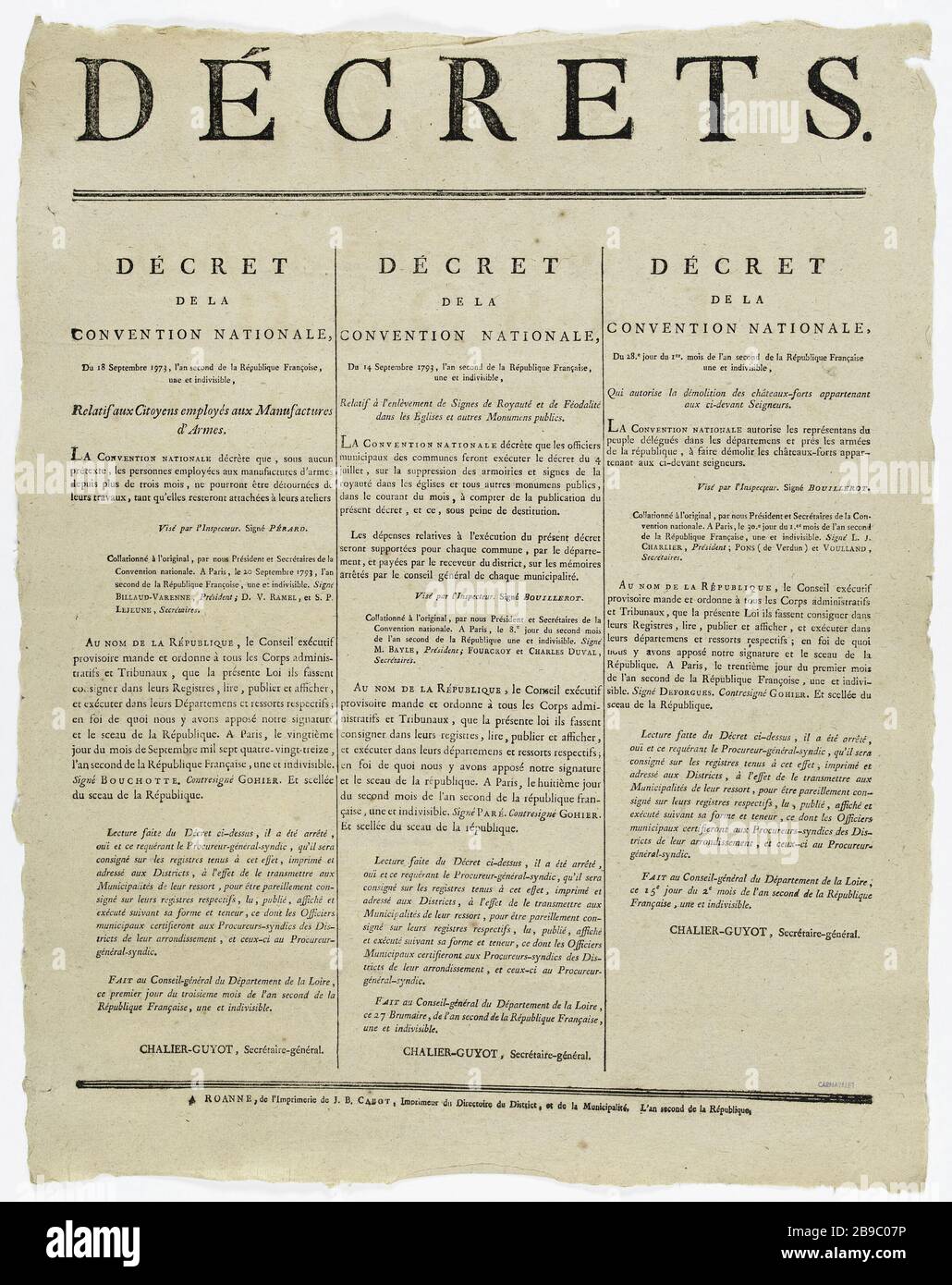 DÉCRETS. DÉCRET DE LA CONVENTION NATIONALE, à partir du 18 septembre 1973 [sic], la deuxième année de la République française [sic], un et indivisible, concernant les salariés fabrique d'armes. Décrét de la Convention nationale relatif aux citoyens emplois aux manufactures d'armes. Typographie, 1793. Paris, musée Carnavalet. Banque D'Images