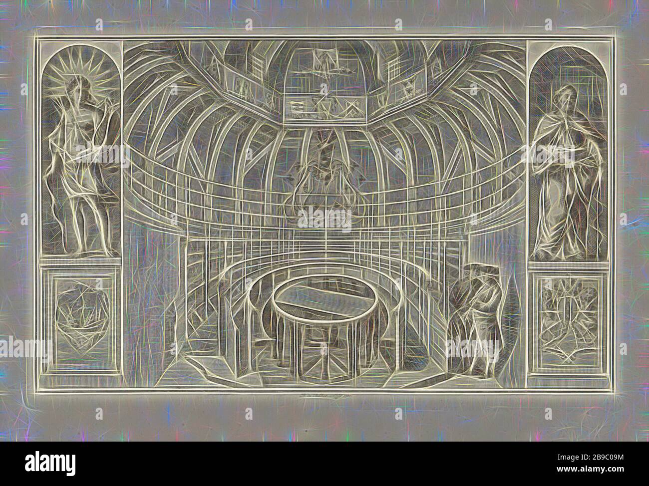 Intérieur du théâtre anatomique Collegium Chgical, Amsterdam, avec stands et table de coupe. Des deux côtés, il y a des statues dans des niches, à gauche le dieu Apollon avec arc et flèche et lyre et à droite un saint ou philosophe inconnu avec des feuilles de palmier et le caducée, la baguette avec serpentine sinueuse de Mercure et l'attribut du chirurgien. Salle de dissection, ' theatrum anatomicum ', (histoire de) Apollon (Phoebus), caduceeus (personnel avec deux serpents, attribut de Mercure), Barent de Bakker (mentionné sur l'objet), 1780, papier, encre, stylo, h 212 mm × W 332 mm, repensée par Gibon, desi Banque D'Images
