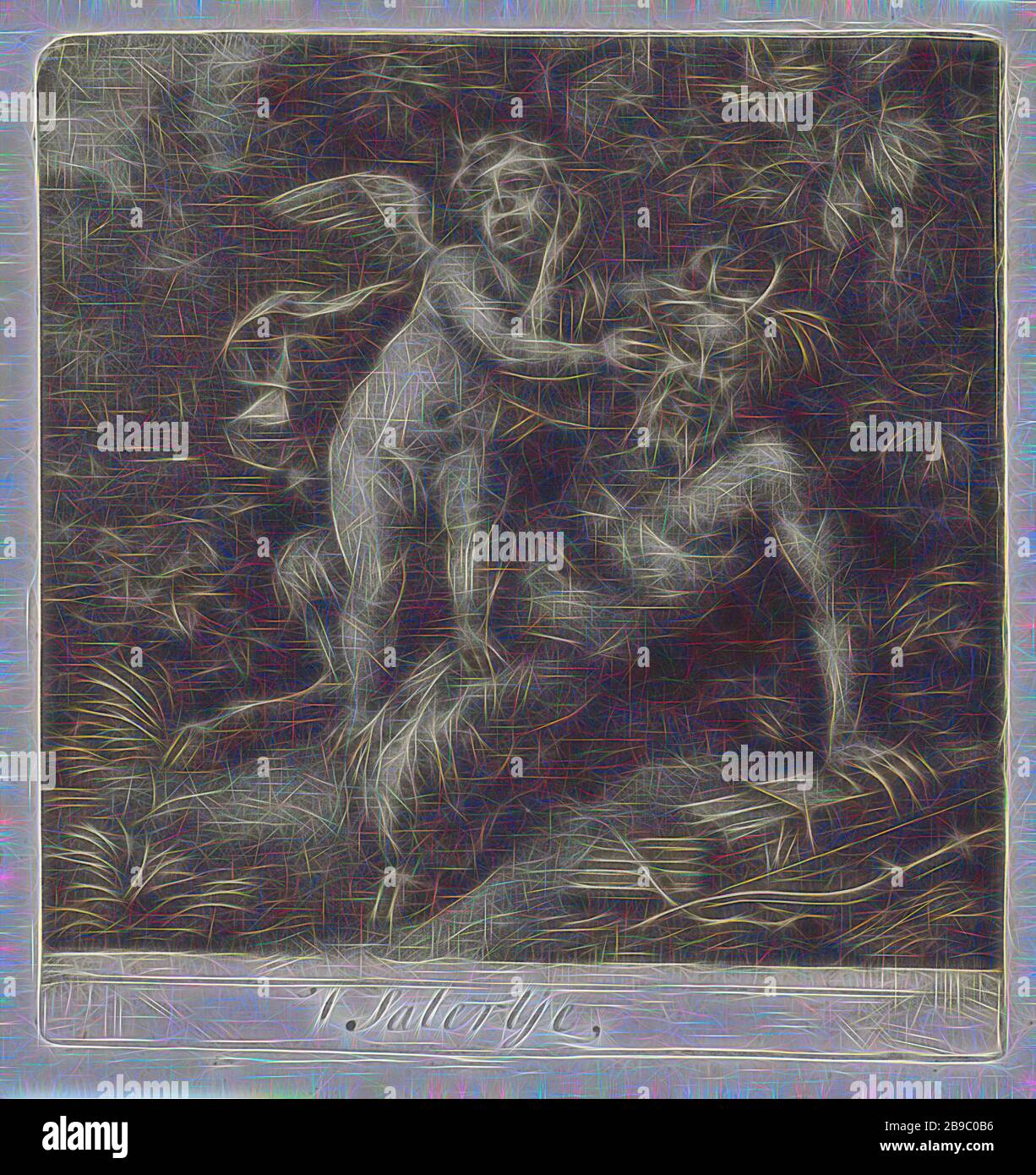 Amor saisit un satyr par les cornes t Satertje, Cupid fotonné, 'Amor Cruciatus', satyr (s) (en général), anonyme, 1650 - 1800, papier, h 115 mm × W 108 mm, repensé par Gibon, design de glanissement chaleureux et rayons de lumière radiance. L'art classique réinventé avec une touche moderne. La photographie inspirée du futurisme, qui embrasse l'énergie dynamique de la technologie moderne, du mouvement, de la vitesse et révolutionne la culture. Banque D'Images