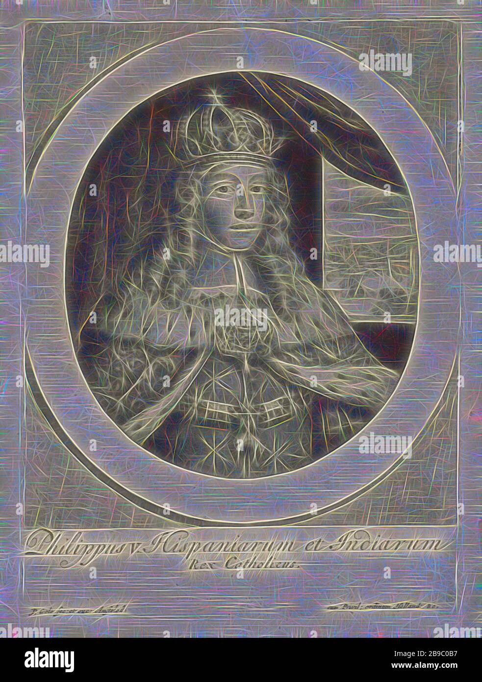 Portrait de Philippe V, roi d'Espagne, le jeune duc Philippe d'Anjou, de 1700 roi Philippe V d'Espagne. Il porte une couronne, le manteau de couronnement et une chaîne avec le signe de l'ordre du polaire doré, ordre de chevalier du polaire doré, couronne (symbole de souveraineté), manteau, robe, robe (symbole de souveraineté), Philippe V (roi d'Espagne), Jacob Gole (mentionné sur l'objet), Amsterdam, 1700 - 1724, papier, gravure, h 190 mm × W 139 mm, repensé par Gibon, design de glanissement chaleureux et joyeux de la luminosité et des rayons de lumière radiance. L'art classique réinventé avec une touche moderne. Photographie dans Banque D'Images