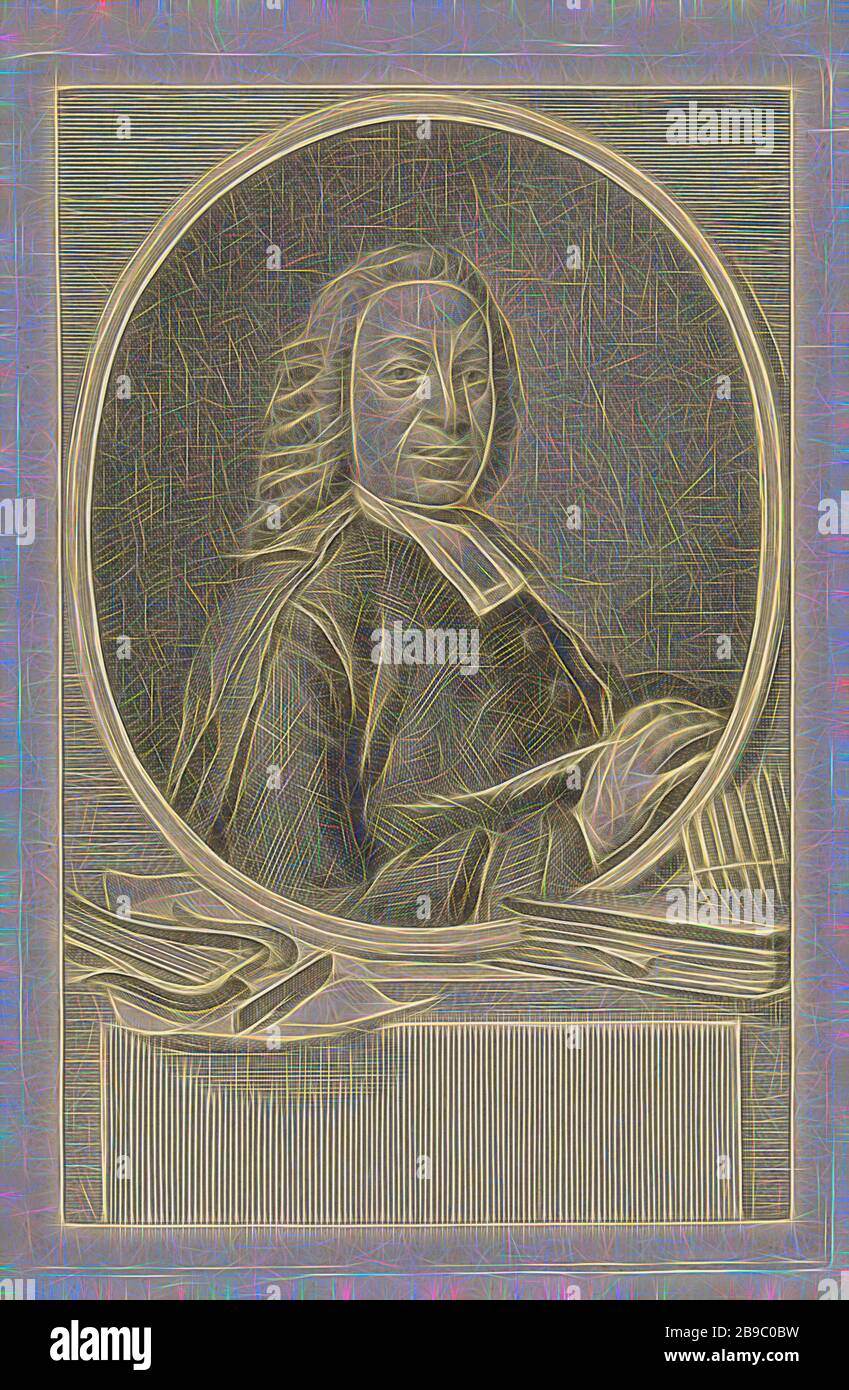 Portrait de Rutger Schutte, Portrait à droite de Rutger Schutte dans un médaillon ovale. Il tient un printemps d'écriture dans sa main. Le portrait repose sur un piédestal sur lequel se trouve également une lyre, une feuille de papier, un livre et une flûte de poêle, lyre, cithara, psaltère, quill, Rugger Schutte, Jacob Houbraken, Amsterdam, 1769 - 1771, papier, gravure, h 170 mm × W 113 mm, réinventé par Gibon, conception d'un brillant chaleureux et joyeux de la luminosité et des rayons de lumière radiance. L'art classique réinventé avec une touche moderne. La photographie inspirée du futurisme, embrassant l'énergie dynamique de la technologie moderne, du mouvement, de la vitesse et Banque D'Images