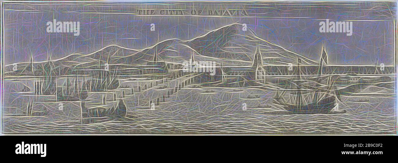 Vue de Batavia avec navires la citadelle de Batavia (titre sur objet) une ambassade de la Compagnie est-Inde des provinces Unies, à l'Empereur Grand Tartar Cham de Chine (titre de série), voilier, voilier, côte, Batavia, Venceslas Holar, Londres, 1669, papier, gravure, h 105 mm × l 329 mm, Repensée par Gibon, design de glanissement chaleureux et gai de la luminosité et des rayons de lumière radiance. L'art classique réinventé avec une touche moderne. La photographie inspirée du futurisme, qui embrasse l'énergie dynamique de la technologie moderne, du mouvement, de la vitesse et révolutionne la culture. Banque D'Images