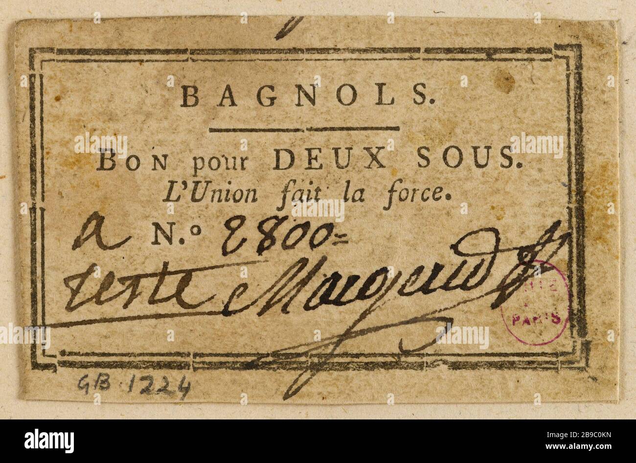 Bon pour 2 à Bagnols, A. n° 2800. Anonyme. Bon pour 2 sous, Bagnols, A. n° 2800. Typographie, encre. Paris, musée Carnavalet. Banque D'Images