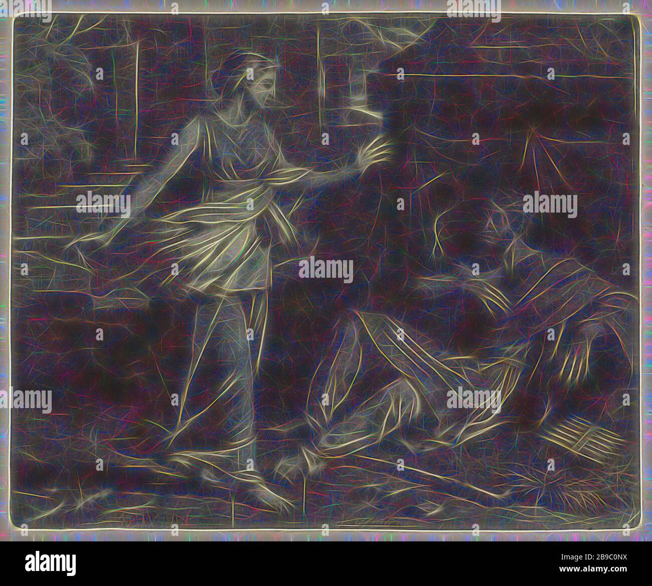 Berger et une femme, Paysage avec une femme marchant devant un berger allongé devant une tente. A côté de lui se trouvent le personnel hering et un panpipes, herding, herdsman, herdswoman, berger, bergers, cow-herds, etc, panpipes, tente, Johannes Glauber (mentionné sur l'objet), Amsterdam, 1656 - 1726, papier, gravure, h 220 mm × 265 mm, réimaginé par Gibon, design de rayons de lumière et gaie. L'art classique réinventé avec une touche moderne. La photographie inspirée du futurisme, qui embrasse l'énergie dynamique de la technologie moderne, du mouvement, de la vitesse et révolutionne la culture. Banque D'Images