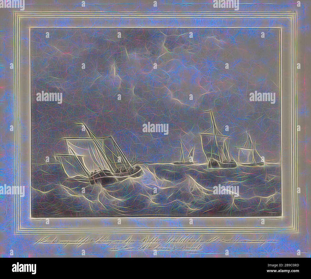 Bateaux par temps turbulent, les bateaux de voile se trouvent en diagonale sur les vagues. A l'horizon un port, voilier, bateau à voile, tempête en mer, Leonard de Koningh (mentionné sur l'objet), Dordrecht, 1822 - 1845, papier, h 435 mm × W 550 mm, réinventé par Gibon, design de glanissement chaleureux et gai de luminosité et de rayons de lumière radiance. L'art classique réinventé avec une touche moderne. La photographie inspirée du futurisme, qui embrasse l'énergie dynamique de la technologie moderne, du mouvement, de la vitesse et révolutionne la culture. Banque D'Images