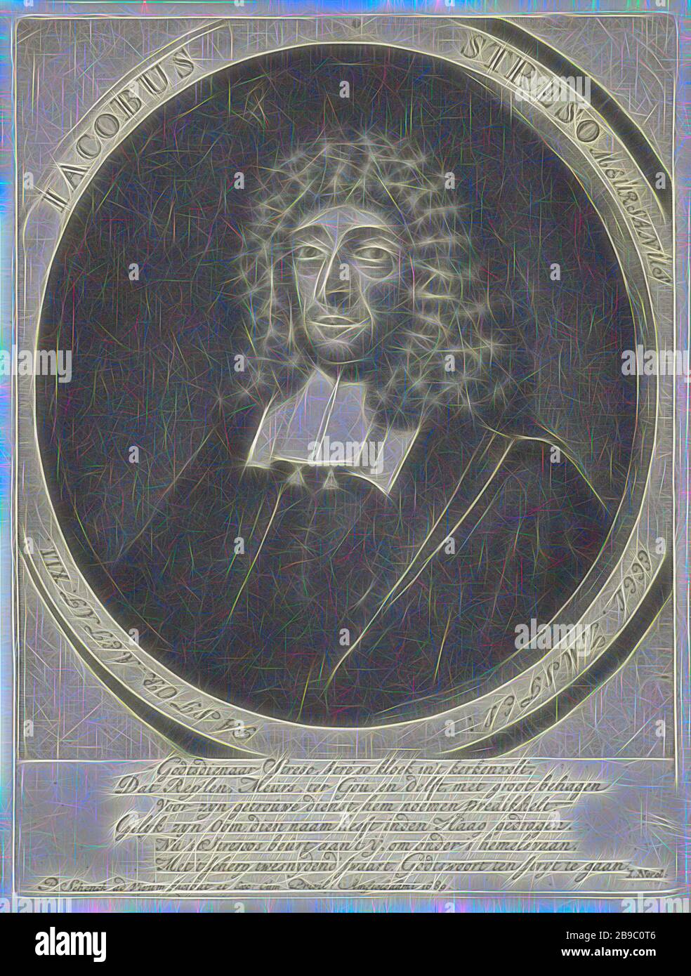 Portrait du pasteur Jacobus Streso, Wedge, Jacobus Streso, Pieter Schenk (i) (mentionné sur l'objet), Amsterdam, 1689, papier, gravure, h 184 mm × W 136 mm, repensé par Gibon, design de glanissement chaud et gai de luminosité et de rayons de lumière. L'art classique réinventé avec une touche moderne. La photographie inspirée du futurisme, qui embrasse l'énergie dynamique de la technologie moderne, du mouvement, de la vitesse et révolutionne la culture. Banque D'Images