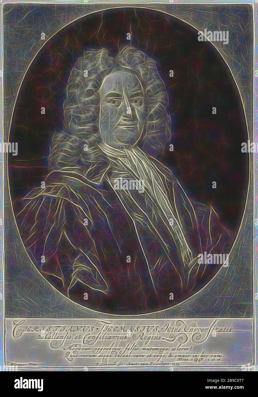 Portrait de Christian Thomas, professeur à Halle, Wedge, Christian Thomas, Pieter Schenk (i) (mentionné sur l'objet), Amsterdam, 1705, papier, gravure, h 274 mm × W 187 mm, réinventé par Gibon, design de glanissement chaleureux et gai de la luminosité et des rayons de lumière radiance. L'art classique réinventé avec une touche moderne. La photographie inspirée du futurisme, qui embrasse l'énergie dynamique de la technologie moderne, du mouvement, de la vitesse et révolutionne la culture. Banque D'Images