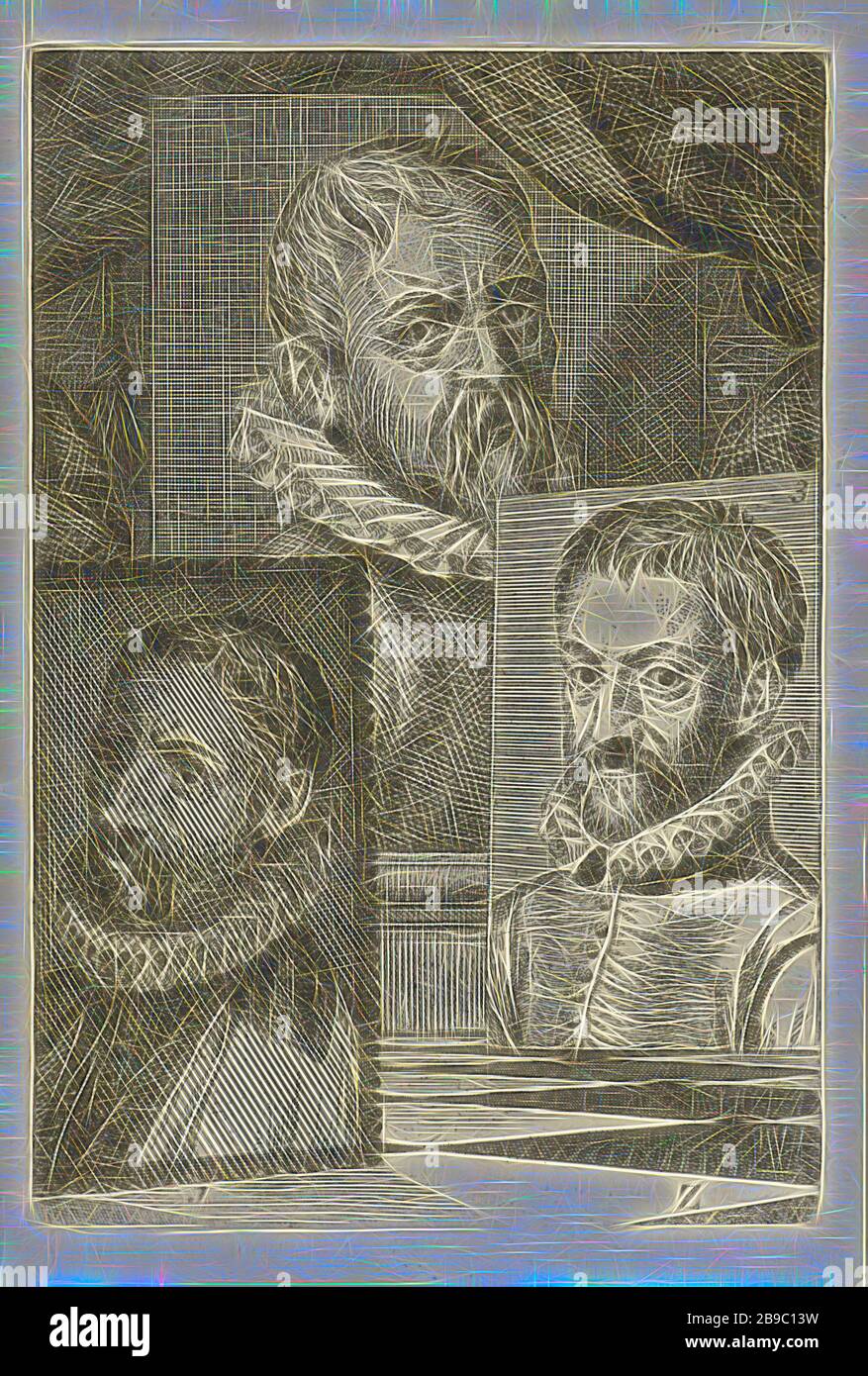 Portraits d'Anthonie Blocklandt, Dirck Barendsz. Et Dominicus Lampsonius, trois portraits d'artistes numérotés. Portrait d'Anthonie Blocklandt (n. 1), Dirck Barendsz. (Non 2) et Dominicus Lampsonius (No 3). Imprimé en bas à droite: Z, Antonie Blocklandt, Dirck Barendsz, Dominicus Lampsonius, Jan l'Admiral (mentionné sur l'objet), 1764, papier, gravure, h 152 mm × W 103 mm, repensé par Gibon, design de glanissement chaud et gai de lumière. L'art classique réinventé avec une touche moderne. La photographie inspirée du futurisme, embrassant l'énergie dynamique de la technologie moderne, movem Banque D'Images