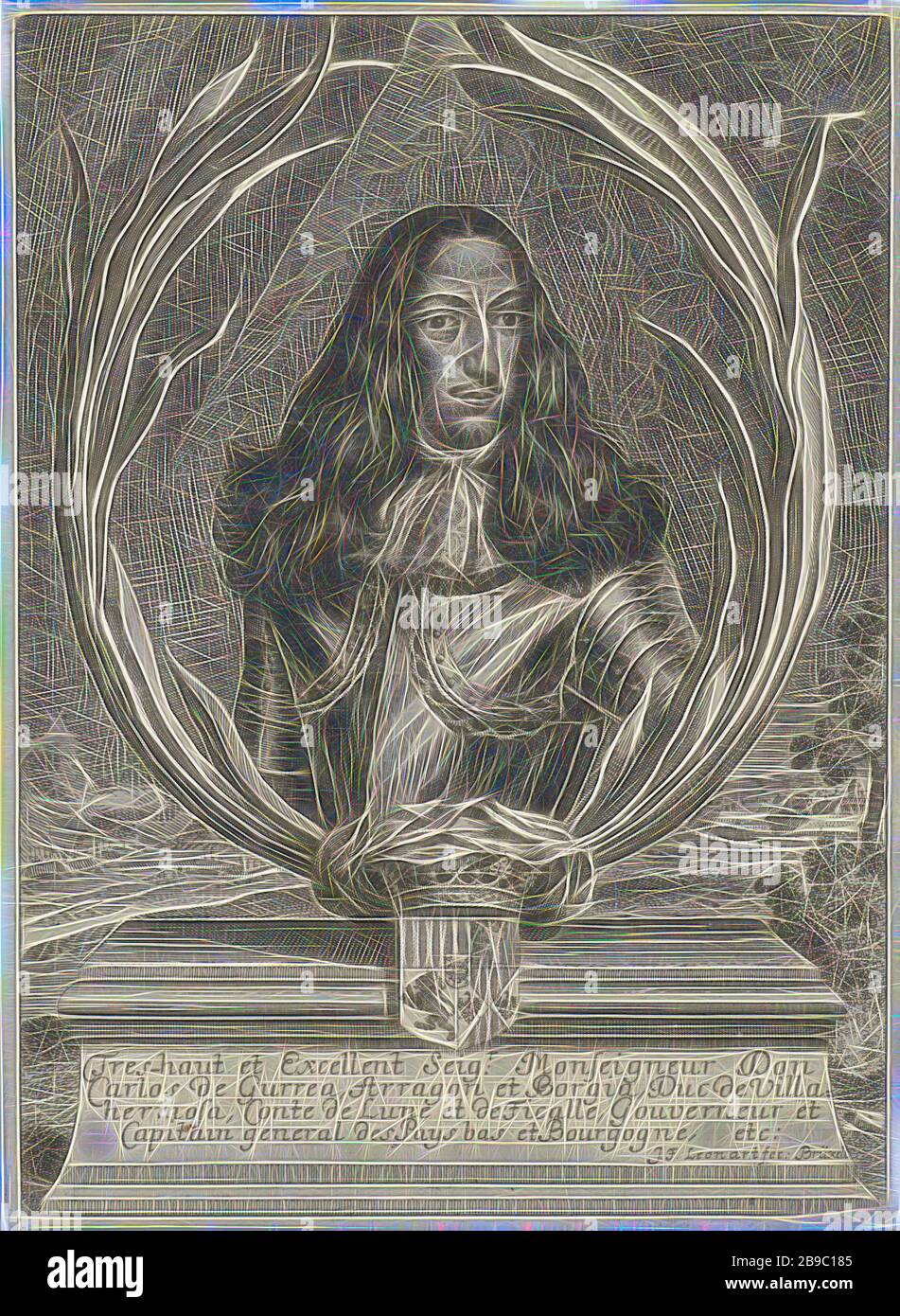 Portrait de Carlos de Gurrea, duc de Villahermosa, duc de Villahermosa et gouverneur des Habsbourg Pays-Bas entre 1675 et 1677, Carlos de Gurrea (duc de Villahermosa), Johann Friedrich Leonard (mentionné sur l'objet), Bruxelles, 1643 - 1680, papier, gravure, h 214 mm × W 158 mm, réinventé par Gibon, conception d'un brillant chaleureux et joyeux de la luminosité et des rayons de lumière radiance. L'art classique réinventé avec une touche moderne. La photographie inspirée du futurisme, qui embrasse l'énergie dynamique de la technologie moderne, du mouvement, de la vitesse et révolutionne la culture. Banque D'Images