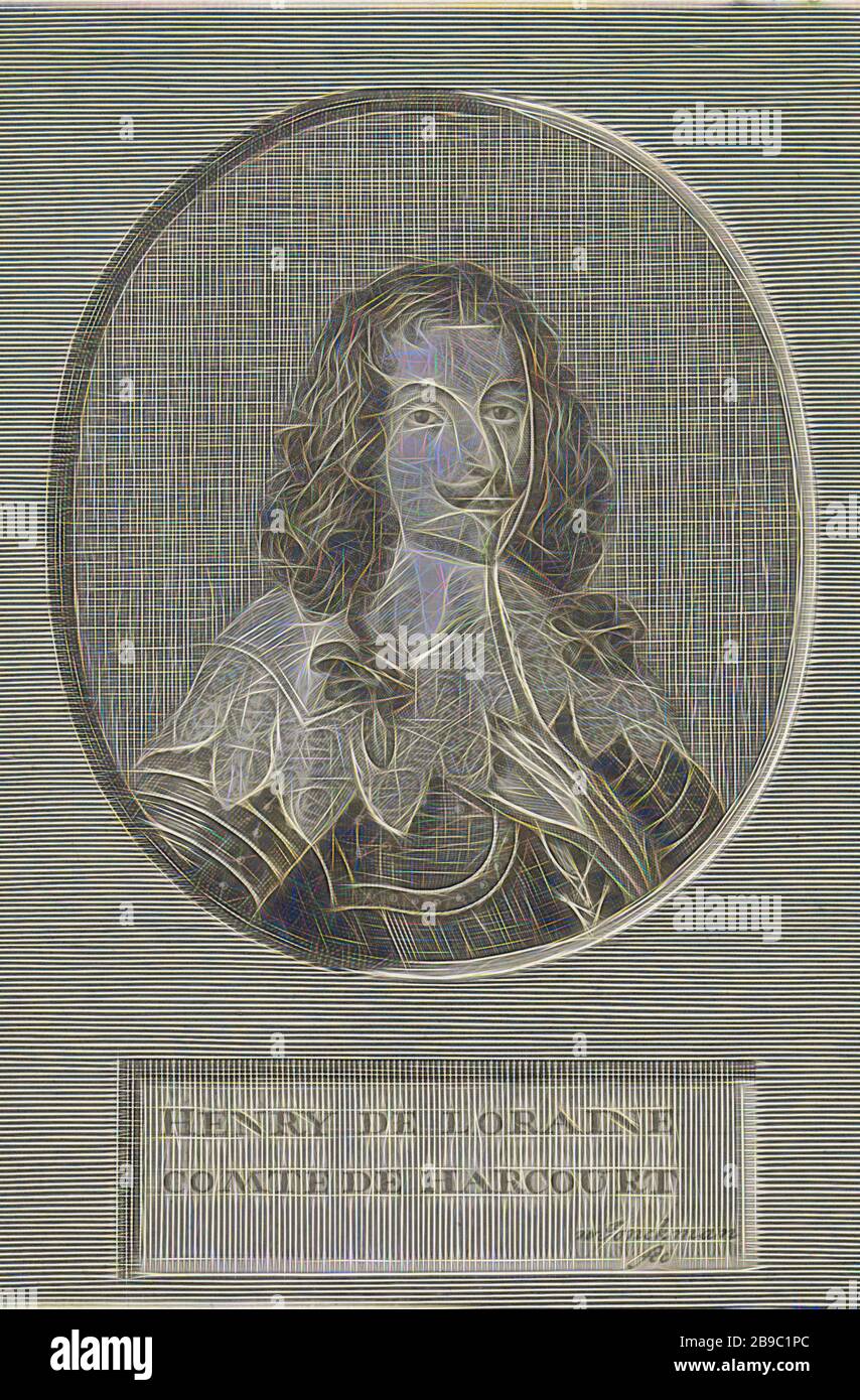 Portrait d'Henri de Lorraine, portrait buste d'Henri de Lorraine, en armure. Il porte une chaîne avec l'ordre du Saint-Esprit. Le portrait est défini dans un cadre ovale. Dans un cadre, le nom et la fonction de l'ordre de chevalier français du Saint-Esprit, Henri de Lorraine dépeint, Wouter Jongman (mentionné sur l'objet), Amsterdam, 1712 - 1744, papier, gravure, h 135 mm × W 91 mm, repensé par Gibon, conception d'un brillant chaleureux et joyeux de la luminosité et des rayons de lumière radiance. L'art classique réinventé avec une touche moderne. La photographie inspirée du futurisme, qui embrasse l'énergie dynamique de la technologie moderne, Banque D'Images