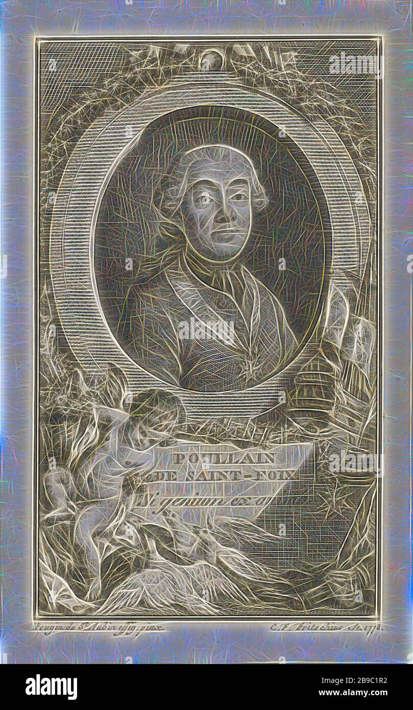 Portrait de Germain-François Poullain de Saint-Foix, buste en ovale à droite de Germain-François Poullain de Saint-Foix, tête nue. Un ruban portant la croix de l'ordre de l'Esprit Saint est suspendu autour de son cou. L'énorme cadre ovale est décoré avec des branches et un ruban et se tient sur une base avec le nom de la personne représentée et un adage latin. À la droite du portrait sont un voilier, un pot avec l'écriture ressort et d'une croix de Malte sur une chaîne. Tout à fait dans l'avant-plan un putto avec un panier de fleurs voit trois pigeons debout devant lui. Sur la droite, sur le terrain Banque D'Images