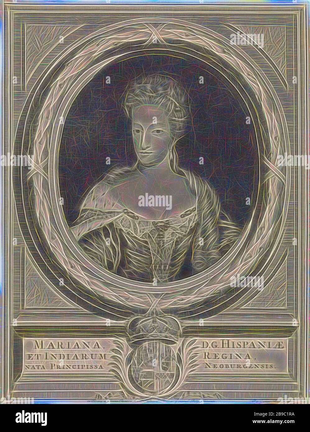 Portrait de la reine Maria Anna d'Espagne, Maria Anna, Reine d'Espagne et Princesse de Neuburg. Épouse de Charles II d'Espagne. Sous le portrait son manteau d'armes, Maria Anna (Reine d'Espagne, Princesse de Neuburg-Palatinat), Pieter van Gunst (mentionné sur l'objet), Amsterdam, 1659 - 1700, papier, gravure, h 369 mm × W 285 mm, repensé par Gibon, conception de glanissement chaleureux et gai de lumière radiance. L'art classique réinventé avec une touche moderne. La photographie inspirée du futurisme, qui embrasse l'énergie dynamique de la technologie moderne, du mouvement, de la vitesse et révolutionne la culture. Banque D'Images