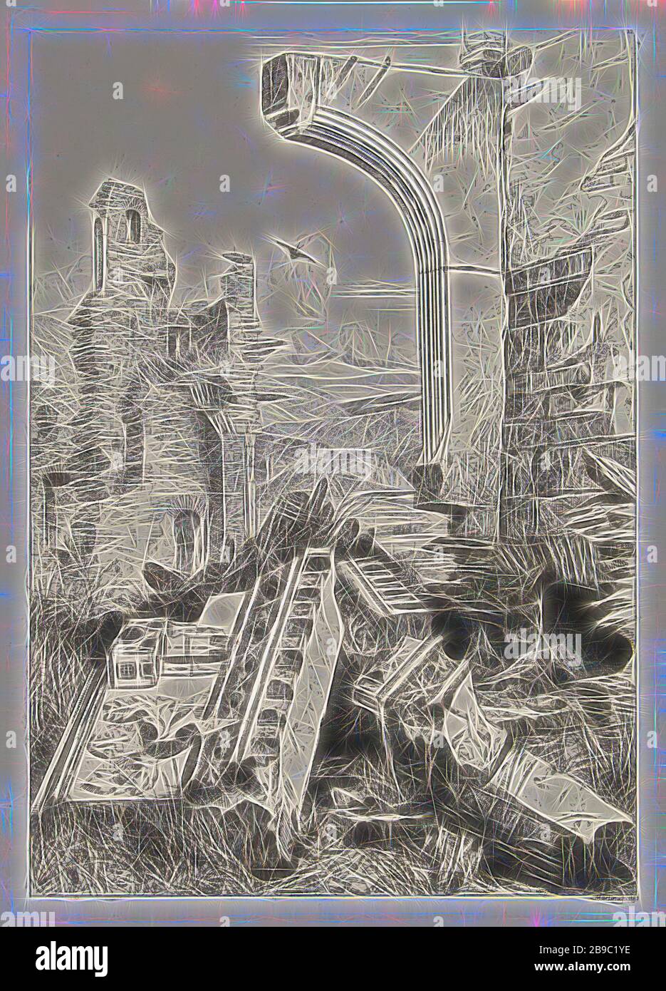 Ruine du château de Bourscheid, dans un paysage vallonné, une Déglutisseuse survole les ruines du château de Bourscheid, situé sur la rivière Sûre, gelding d'un logement, maison, château, etc., chants-oiseaux: Rivière Déglutisseuse, Martinus Antonius Kuytenbrouwer jr. (Mentionné sur l'objet), Bruxelles, 1853, papier, point sec, h 323 mm × W 234 mm, réinventé par Gibon, conception de la gaie chaleureuse de luminosité et de rayons lumineux radiance. L'art classique réinventé avec une touche moderne. La photographie inspirée du futurisme, qui embrasse l'énergie dynamique de la technologie moderne, du mouvement, de la vitesse et révolutionne la culture. Banque D'Images