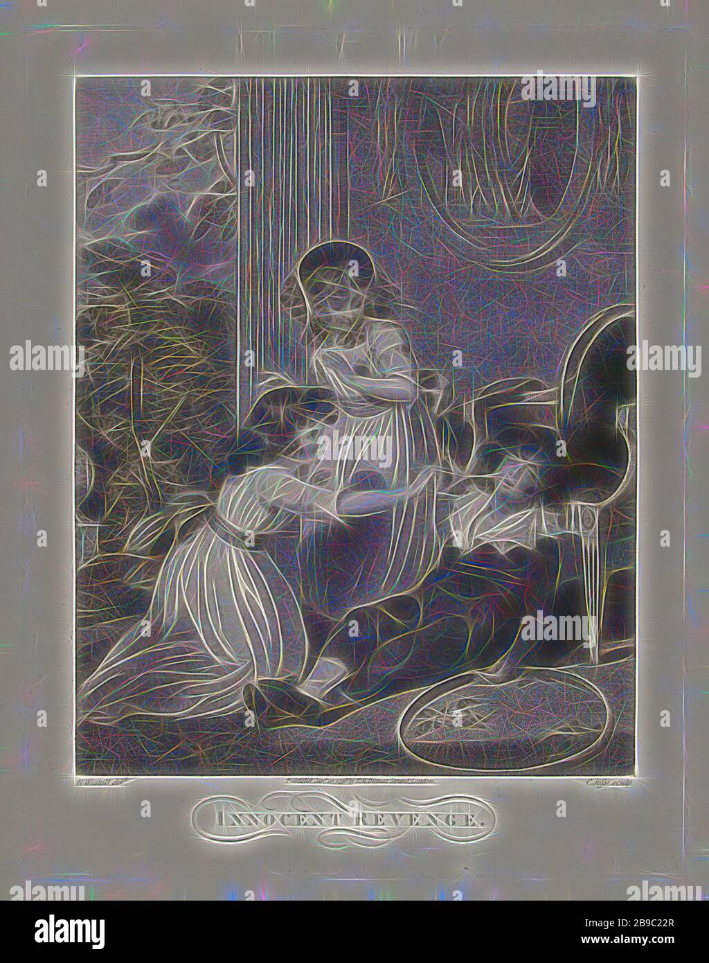 Intérieur avec des enfants trainants innocent Revenge. (Titre sur objet), UNE fille tisse un garçon endormi avec une lame d'herbe, une deuxième fille montres, taquining (jeux et pièces pour enfants), Christiaan Josi (mentionné sur objet), Londres, 20-Jan-1796, papier, gravure, h 456 mm × W 358 mm, repensée par Gibon, conception d'un brillant chaleureux et joyeux de la luminosité et des rayons de lumière radiance. L'art classique réinventé avec une touche moderne. La photographie inspirée du futurisme, qui embrasse l'énergie dynamique de la technologie moderne, du mouvement, de la vitesse et révolutionne la culture. Banque D'Images