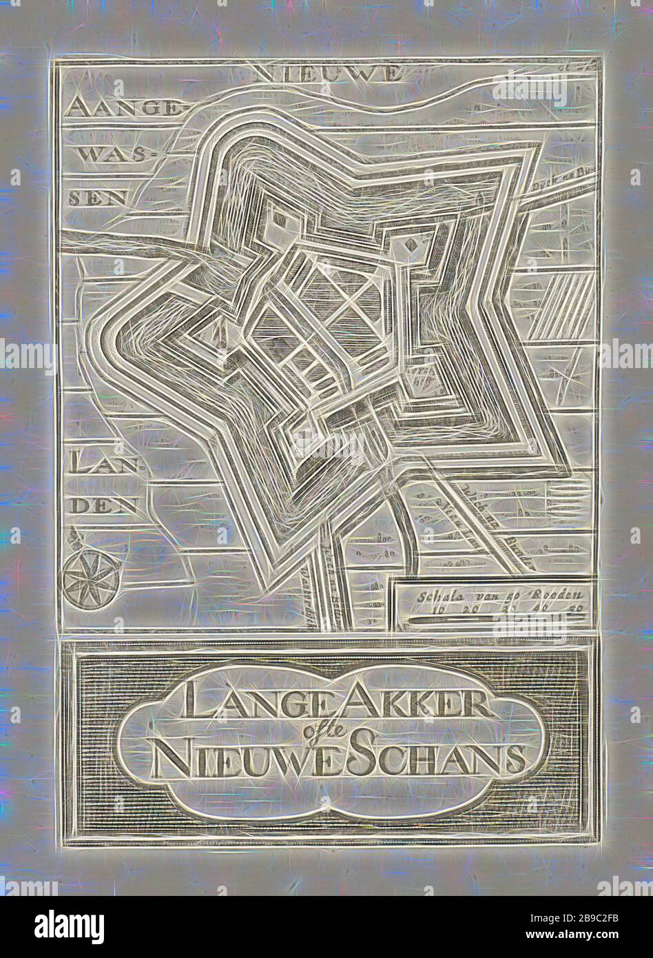 Carte de Nieuweschans Lange Akker des Nieuwe Schans (titre sur objet), deux tirages sur une feuille: En haut un imprimé avec une représentation d'une carte de Nieuweschans et en dessous d'un imprimé avec le titre dans une cartouche. Dans l'impression supérieure en bas à droite, une échelle et en haut à droite : bl. 228, cartes, atlas, Nieuweschans, Hendrik Hofsnider (mentionné sur l'objet), Groningue, 1743, papier, gravure, h 101 mm × W 97 mm × h 38 mm × W 97 mm, repensé par Gibon, design de brillant gai chaud de luminosité et de rayonnement lumineux. L'art classique réinventé avec une touche moderne. Photographie inspirée du futurisme, embra Banque D'Images