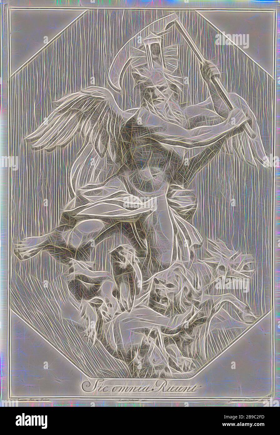 Père temps SIC omnia ruine (titre sur objet) représentations bibliques, mythologiques et allégoriques (titre de série), Père temps avec scythe en main et sablier sur sa tête. Parmi lui, toutes sortes d'animaux: Entre autres, un lion et un porc. Après une peinture perdue de Gérard de Lairesse. L'imprimé fait partie d'une série avec des représentations bibliques, mythologiques et allégoriques, Père temps, homme avec ailes et scythe, bêtes de proie, animaux prédateurs : lion, animaux à accrochage : Boar, Johannes Glauber (mentionné sur l'objet), 1680 - 1726, papier, gravure, h 355 mm × W 235 mm, repensée par Gibon, conception de chaud Banque D'Images