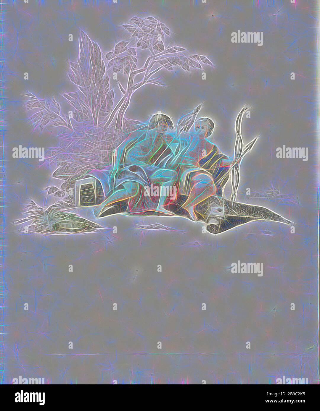 Hercules et Omphale, Hercules se trouve à côté d'Omphale, reine de Lydia, qui a mis un bras autour de lui. Hercules a été reproché comme esclave au service d'Omphale. Il a sa jupe d'araignée dans ses mains. Elle a son arc et sa flèche et la peau et le club du lion sont à ses pieds. Hercules amoureux d'Omphale, le héros est prêt à faire tourner la laine ou à d'autres femmes parmi les serviteurs, tandis qu'Omphale porte sa peau de lion et exerce son club et son arc, anonyme, Pays-Bas, 1688 - 1698, papier, gravure, h 264 mm W 233 mm, repensé par Gibon, design de gai gai chaleureux de luminosité et de rayons de lumière rad Banque D'Images