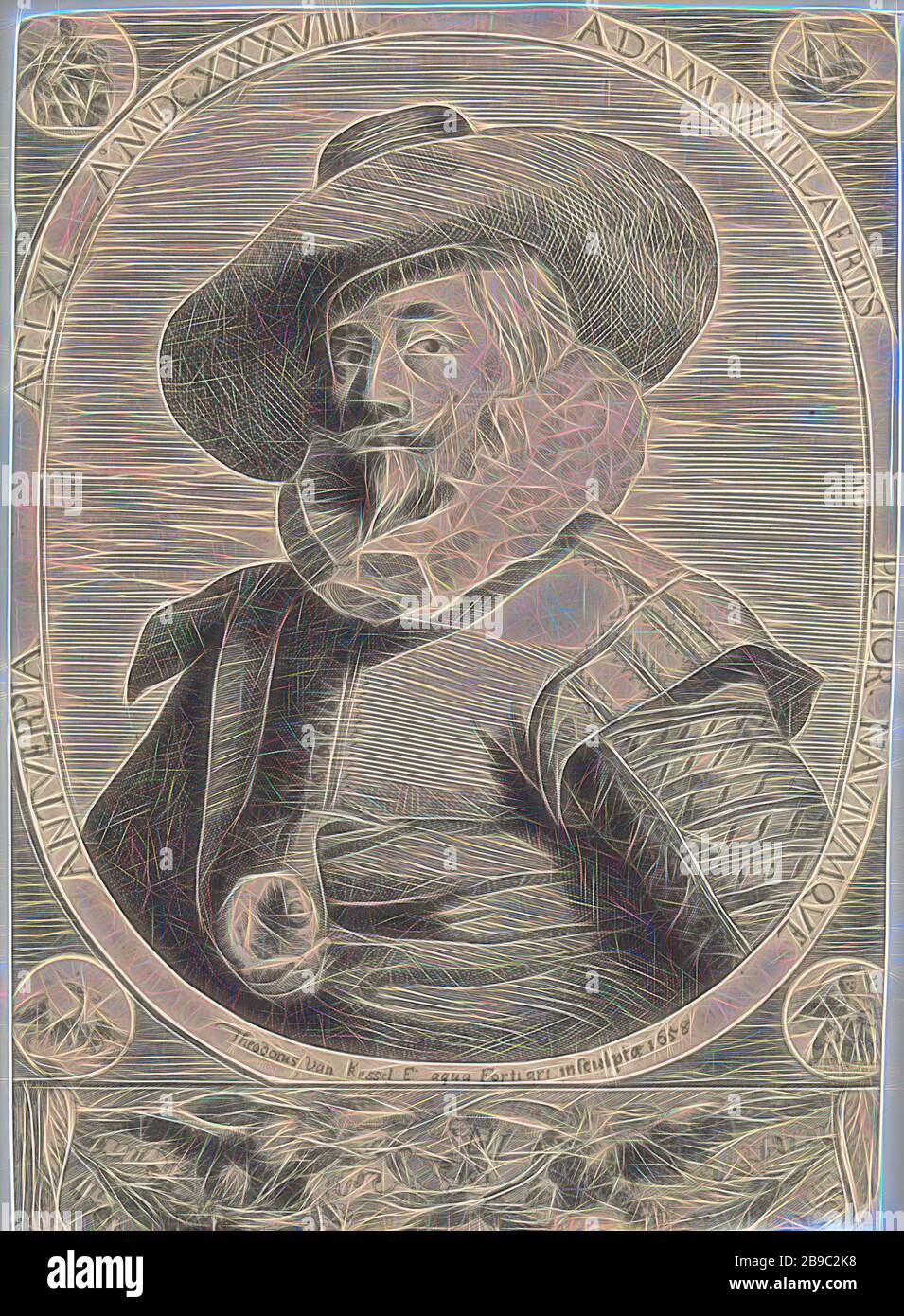 Portrait d'Adam Willaerts, portrait demi-longueur dans un ovale à gauche du peintre marin Adam Willaerts. Dans les quatre coins de la revue sont médaillons et sous l'ovale une bande avec deux aigles, portrait, autoportrait de l'artiste, sablier, oiseaux prédateurs, voilier, voilier, voile-bateau, Adam Willaerts, Theodorus van Kessel (mentionné sur l'objet), 1658, papier, gravure, reimaginé par Gibon, conception d'un brillant chaleureux et joyeux de la luminosité et des rayons de lumière radiance. L'art classique réinventé avec une touche moderne. La photographie inspirée du futurisme, embrassant l'énergie dynamique de la technologie moderne, la mov Banque D'Images