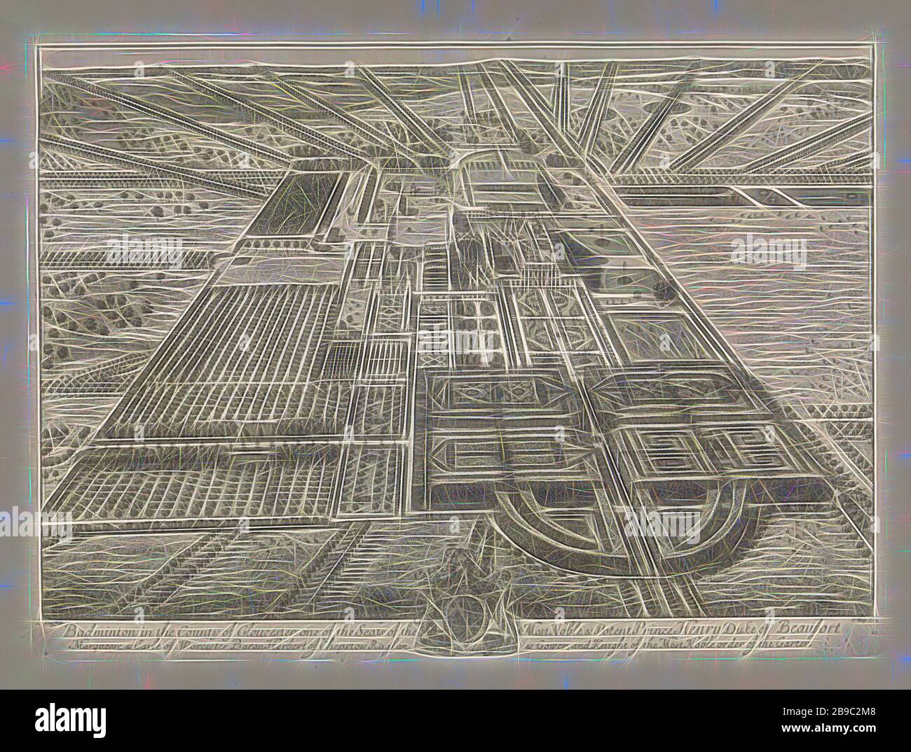 Vue sur le Badminton Badminton immobilier dans le pays de Gloucester, l'un des sièges de la plus noble & Puissant Prince Henry, duc de Beaufort, Marquesse & Earle de Worcester (titre sur l'objet) Britannia (Illustrata Titre de la série), bird's eye view of the 'Badminton' estate du duc de Beaufort, avec une partie de ses jardins et terres agricoles dans l'avant-plan et le château au milieu. Diverses personnalités, cerfs et autres animaux peuvent être vus sur le terrain. Dans la marge du titre et le blason de la famille du duc. L'impression est partie d'une série de châteaux royaux en Angleterre, jardin, château, Gloucester, Johan Banque D'Images