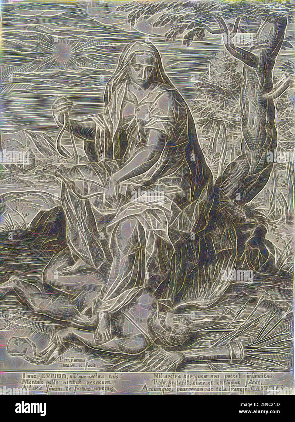 La chasteté surmonte l'Amour sept vertus et sept vices (titre de la série), la personnification de la chasteté (Castitas) se trouve sous un arbre et des tramettes Amor, le dieu de l'amour. Elle casse l'arc d'Amor en deux. L'imprimé a une légende latine et fait partie d'une série sur les vertus et les vices, une vertu luttant contre ou contre la lecture sur un seul vice, 'Castita', 'Pudicitia', 'Vergogna honesta' (Ripa), Cupid fetté, 'Amor Cruciatus ', Pieter Jalhea Furino (attribué à l'atelier), 1550 - 1625, papier h 262 mm × W 197 mm, repensée par Gibon, conception de gloueur chaud de luminosité et de cirage Banque D'Images
