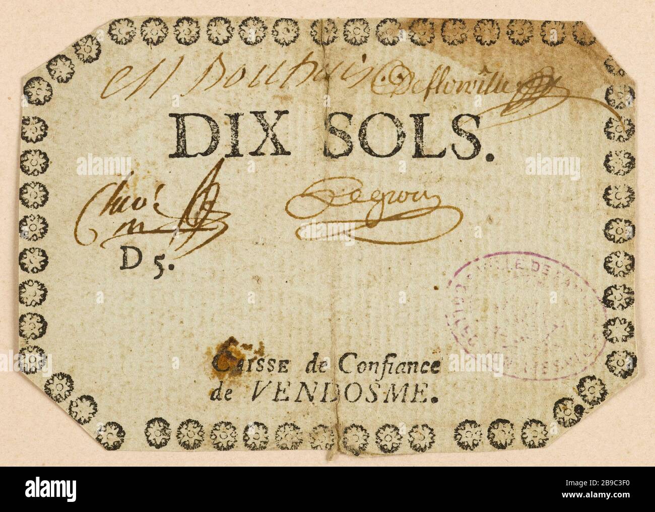 10 note Soil Vendosme Trust Fund, D.5. Anonyme. Billette de 10 soles, caisse de concurrence de Vendosme, D.5. Typographie, encre. Paris, musée Carnavalet. Banque D'Images