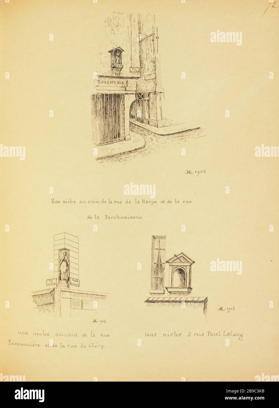 [Vieux Paris] une niche à l'angle de la rue de la Harpe et de la rue de la Parcheminerie, 1903 une niche à l'angle de la rue Poissonnière et de la rue de Cnery, 1903 une niche 5 rue Paul Lelong, 1903 Henri Chapelle (1850-1925), dessinateur français. Le Vieux Paris. Une niche au coin de la rue de la Harpe et de la rue de la Parcheminerie ; une niche au coin de la rue Poissonnière et de la rue de Cléry ; une niche 5 rue Paul Lelong. Panache, encre de chine. Paris (IIème et ème arr.), 1903. Paris, musée Carnavalet. Banque D'Images