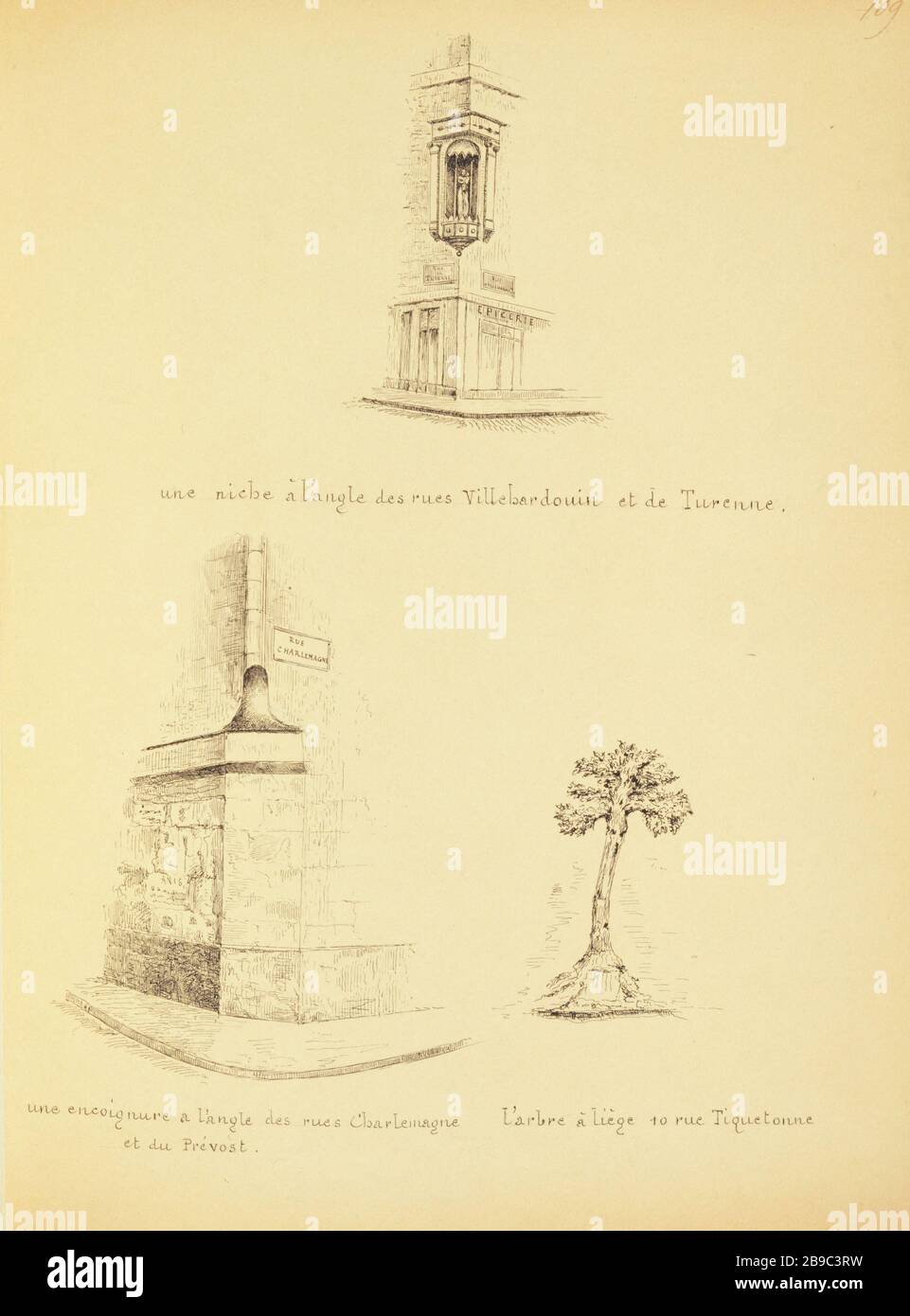 [Vieux Paris] une niche à l'angle de Villehardoin et de Turenne; un coin à l'angle de la rue Charles et de Prevost; l'arbre de Liège 10 rue Tiqueton Henri Chapelle (1850-1925), dessinateur français. Le Vieux Paris. Une niche à l'angle des rues Villehardoin et de Turenne ; une encoignure à l'angle des rues Charlemagne et du Prévost ; l'arbre à Liège 10 rue Tiqueton. Paris (IIIème arr.). Panache, encre de chine. Paris, musée Carnavalet. Banque D'Images