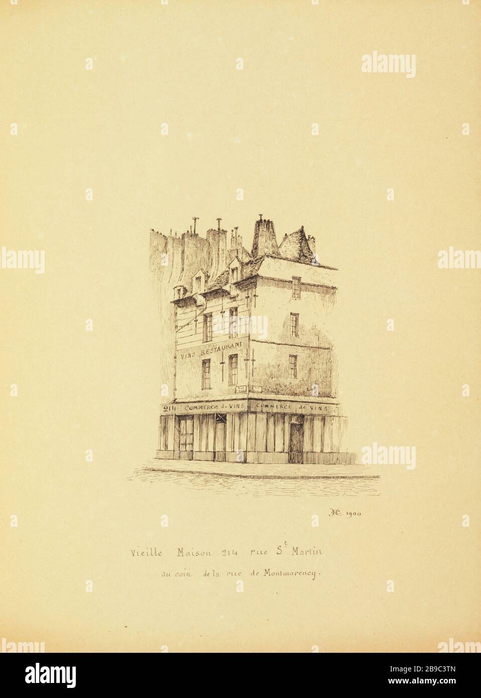 [Vieux Paris] une boutique de vins, 214 rue Saint Martin, au coin de la rue de Montmorency, 1900 Henri Chapelle (1850-1925), dessinateur français. Le Vieux Paris. Une boutique de commerce de vins, 214 rue Saint Martin au coin de la rue de Montmorency. Panache, encre de chine. Paris (IIIème arr.), 1900. Paris, musée Carnavalet. Banque D'Images