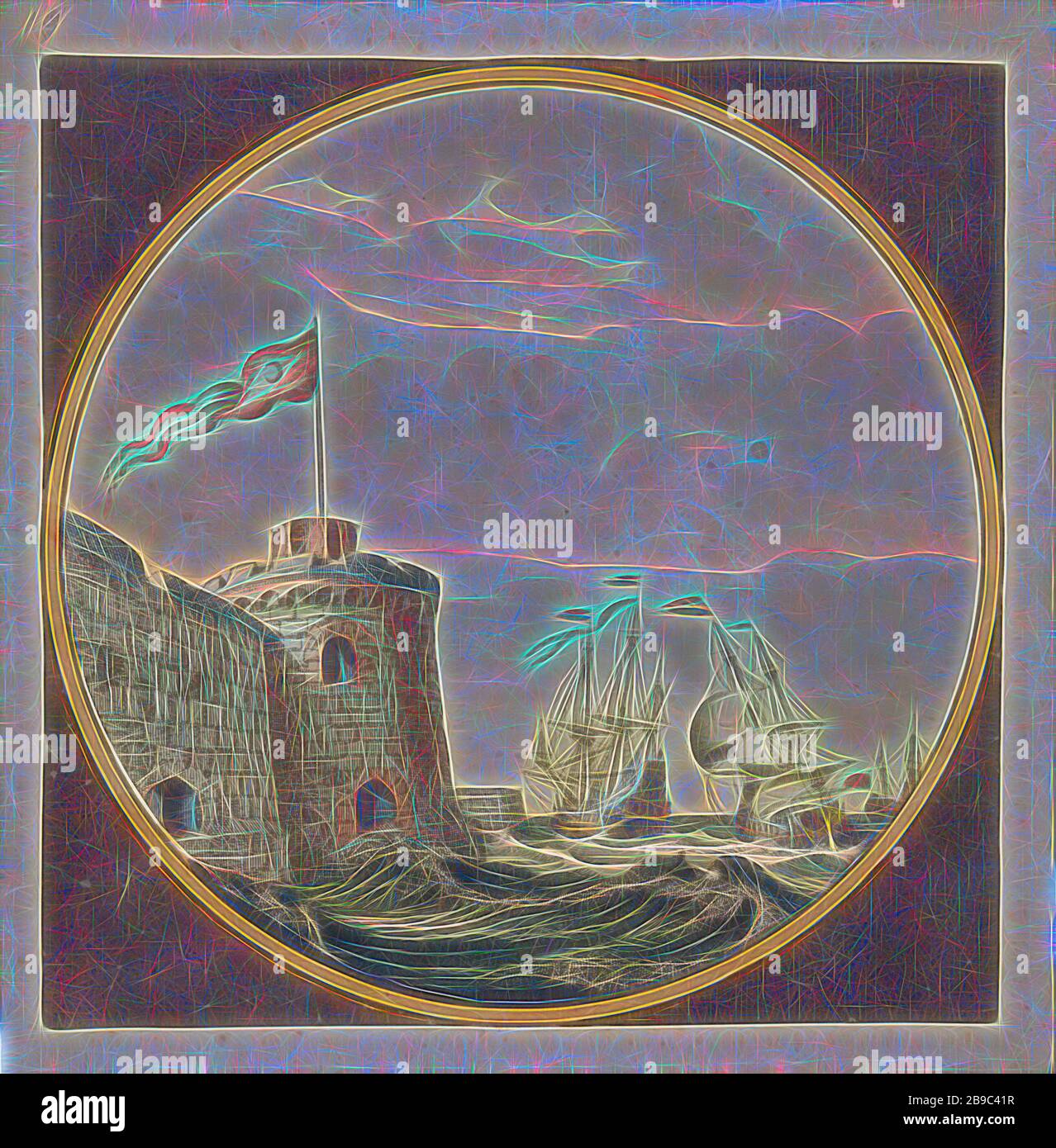 Navires à un bastion avec un drapeau turc, bateaux néerlandais à voile à un bastion avec un drapeau turc., bateau à voile, bateau à voile, mer (mer), forteresse, anonyme, Pays-Bas, 1688 - 1698, papier, gravure, h 214 mm × W 209 mm, repensée par Gibon, conception d'un brillant chaleureux et joyeux de la luminosité et des rayons de lumière radiance. L'art classique réinventé avec une touche moderne. La photographie inspirée du futurisme, qui embrasse l'énergie dynamique de la technologie moderne, du mouvement, de la vitesse et révolutionne la culture. Banque D'Images