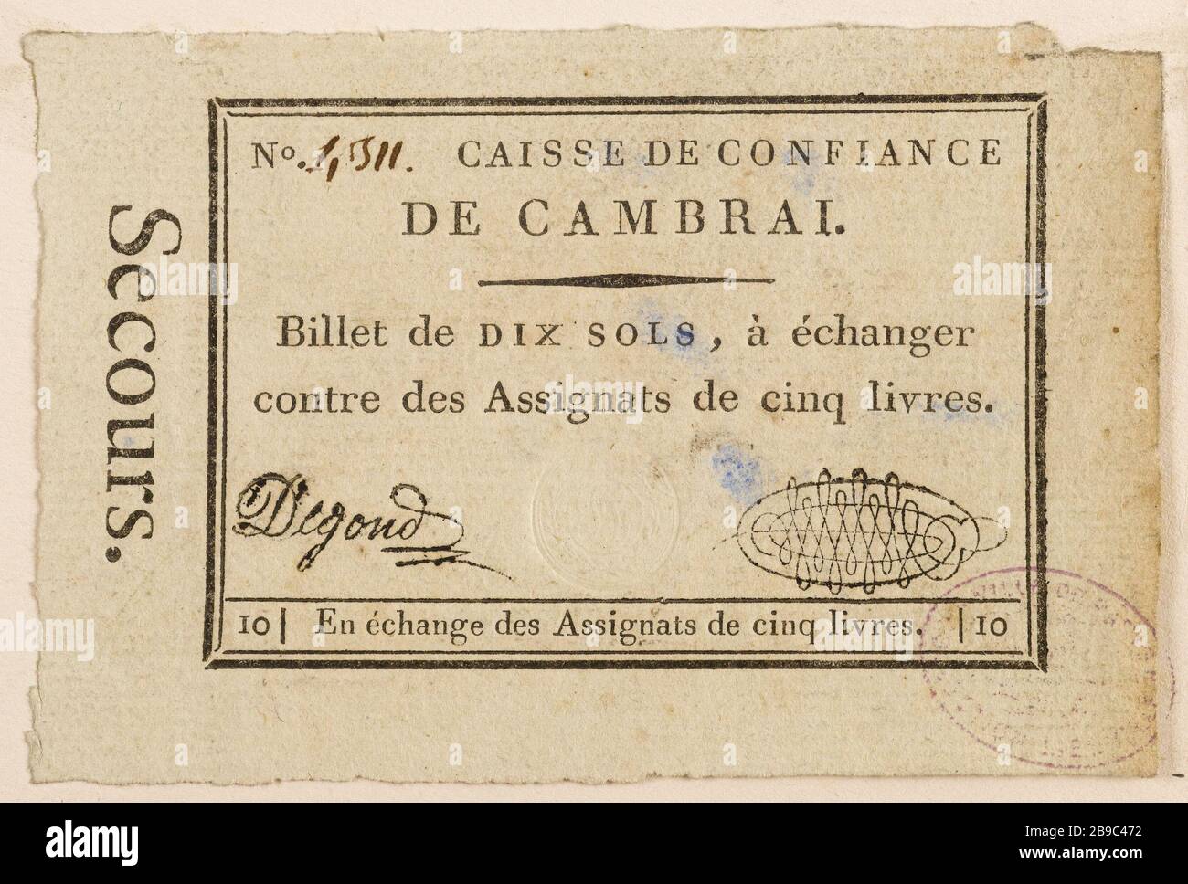 10 Notez le fonds d'affectation spéciale pour les sols de Cambrai, no 4511. Anonyme. Billette de 10 soles, caisse de confiance de Cambrai, n° 4511. Typographie, encre. Paris, musée Carnavalet. Banque D'Images