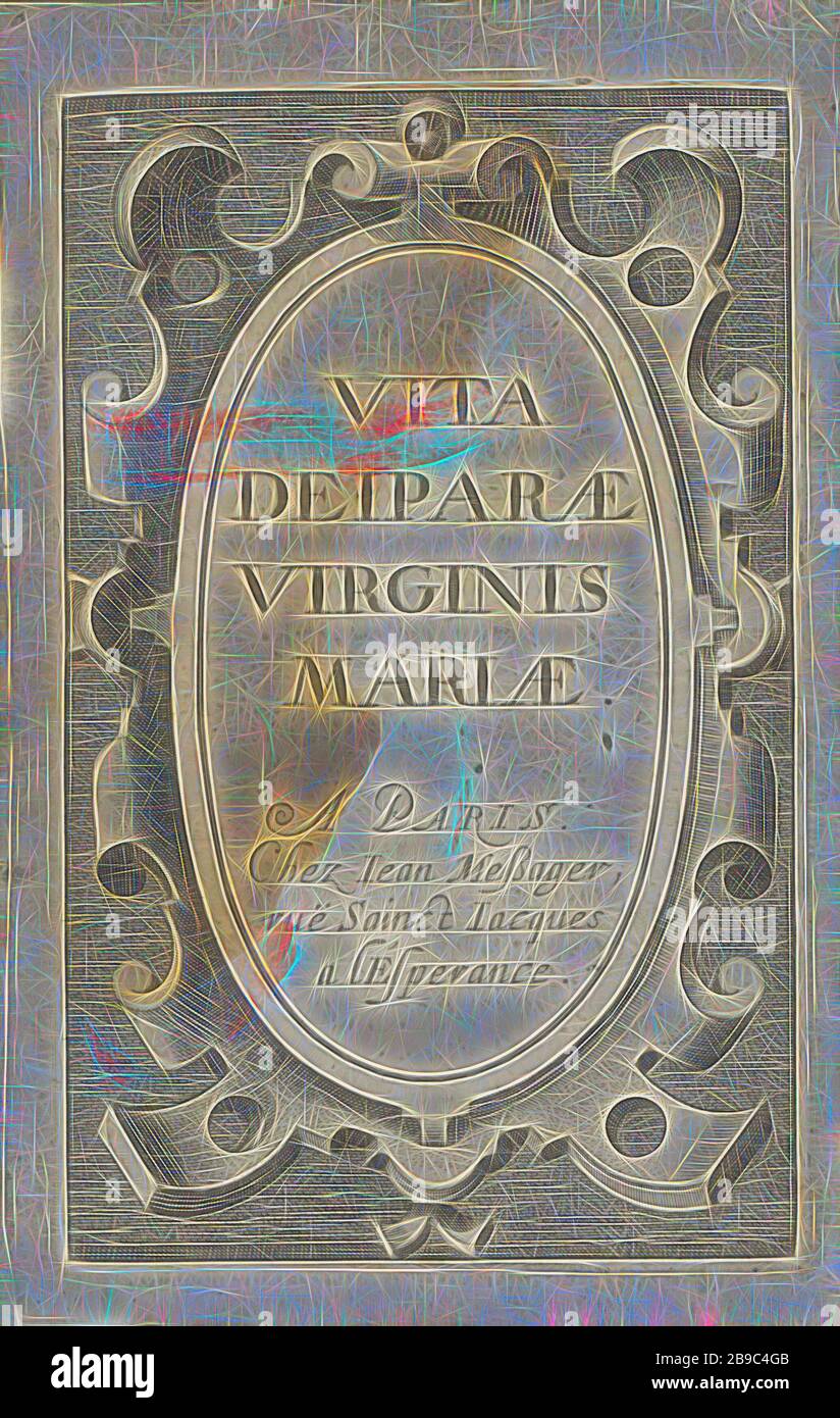 Rolwerkcartouche avec le titre Vita Deiparae Virginis Mariae (titre de la série sur objet) vie de la Vierge Marie (titre de la série), Rolwerkcartouche avec le titre de la série et l'empreinte en latin. L'imprimé fait partie d'un album, page-titre, ornement, cartouche, scrollwork, strapwork, Jean Mateus (éventuellement), Paris, 1590 - 1649, papier, gravure, h 104 mm × W 66 mm, repensé par Gibon, design de glanissement chaleureux et gai de lumière radiance. L'art classique réinventé avec une touche moderne. La photographie inspirée du futurisme, embrassant l'énergie dynamique de la technologie moderne, du mouvement, de la vitesse et du revol Banque D'Images