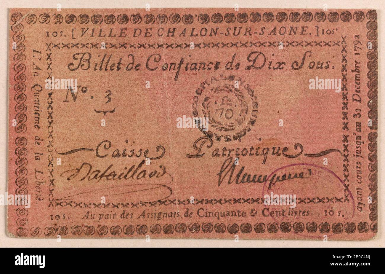 10 note en toute confiance, ville Chalon-sur-Saône, n° 3, 4ème année de liberté. Anonyme. Poêle de commune de 10 sous, ville de Chalon-sur-Saône, n° 3, an 4eme de la liberté. Typographie, encre, rose pamier. 1790-1793. Paris, musée Carnavalet. Banque D'Images 10 note en toute confiance, ville Chalon-sur-Saône, n° 3, 4ème année de liberté. Anonyme. Poêle de commune de 10 sous, ville de Chalon-sur-Saône, n° 3, an 4eme de la liberté. Typographie, encre, rose pamier. 1790-1793. Paris, musée Carnavalet. Banque D'Images