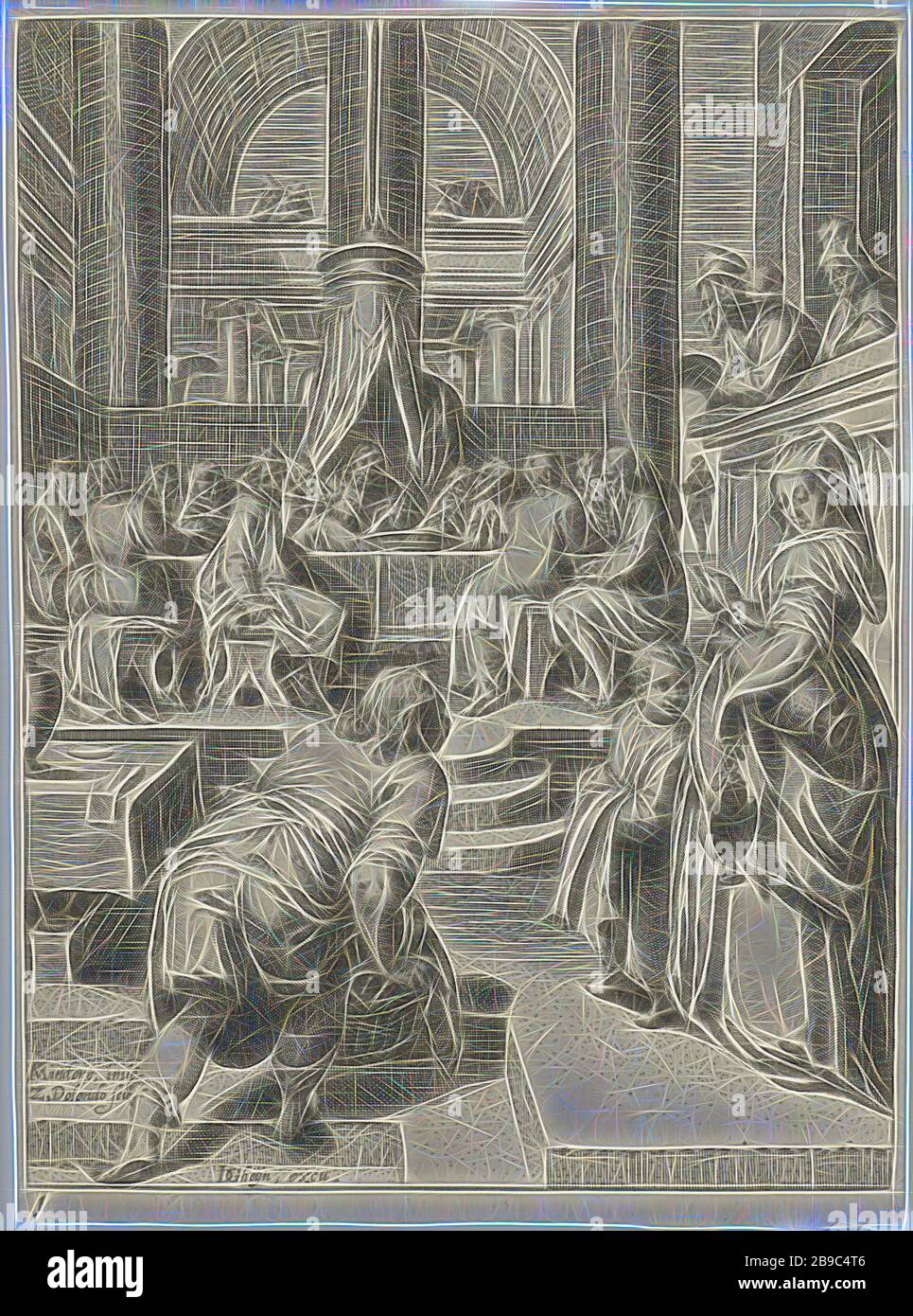 Dernière Passion du Christ (titre de la série ) le Christ est assis avec ses disciples autour d'une table dans un grand espace sacré. Au premier plan, deux serviteurs apportent du pain et du vin. Un homme lève un panier de pain et une femme avec un garçon porte des joues de vin. Imprimé à partir d'une série de 13 imprimés et d'un titre imprimé par Z. Doendo et J. de Gheyn II., Last Supper (en général) (Matthieu 26: 21-35, Marc 14: 18-31, Luc 22: 3, 22 : 15-23, Jean 13: 21-38), Zacharias Dolado (mentionné sur l'objet), Leiden, 1596 - 1598, papier, gravure, h 140 mm × W 105 mm, repensée par Gibon, conception de glanissement chaleureux et gai des azurants Banque D'Images