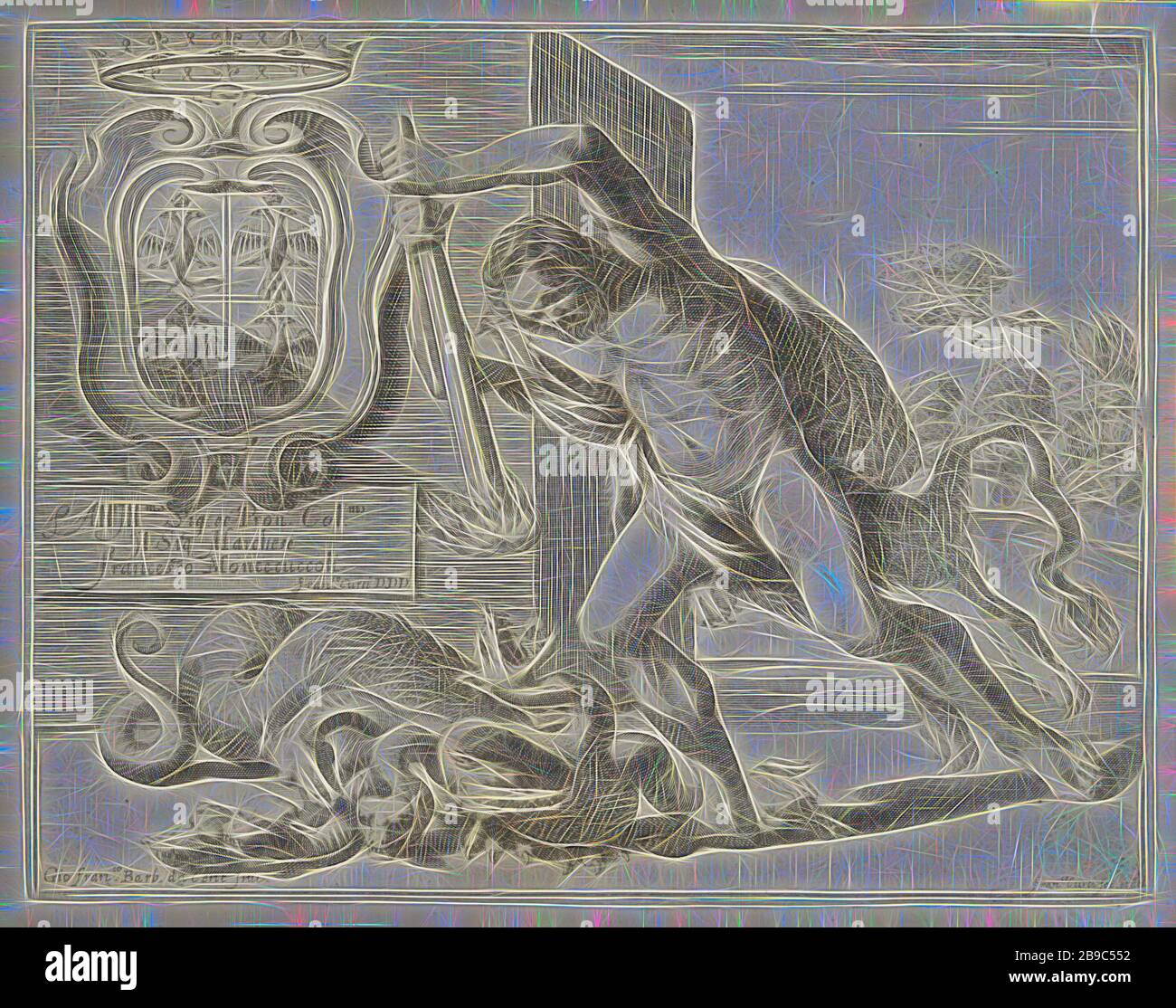Hercules et l'Hydra de Lerna, Hercules tente de tuer l'Hydra à tête multiple de Lerna avec une torche brûlante. A l'arrière-plan un monument avec un manteau d'armes, (2) l'Hydra de Lerna est tué par Hercules, Francesco Curti (mentionné sur l'objet), Italie, 1613 - 1670, papier, gravure, h 183 mm × W 236 mm, réimaginé par Gibon, conception d'un brillant chaleureux et joyeux de la luminosité et des rayons de lumière radiance. L'art classique réinventé avec une touche moderne. La photographie inspirée du futurisme, qui embrasse l'énergie dynamique de la technologie moderne, du mouvement, de la vitesse et révolutionne la culture. Banque D'Images
