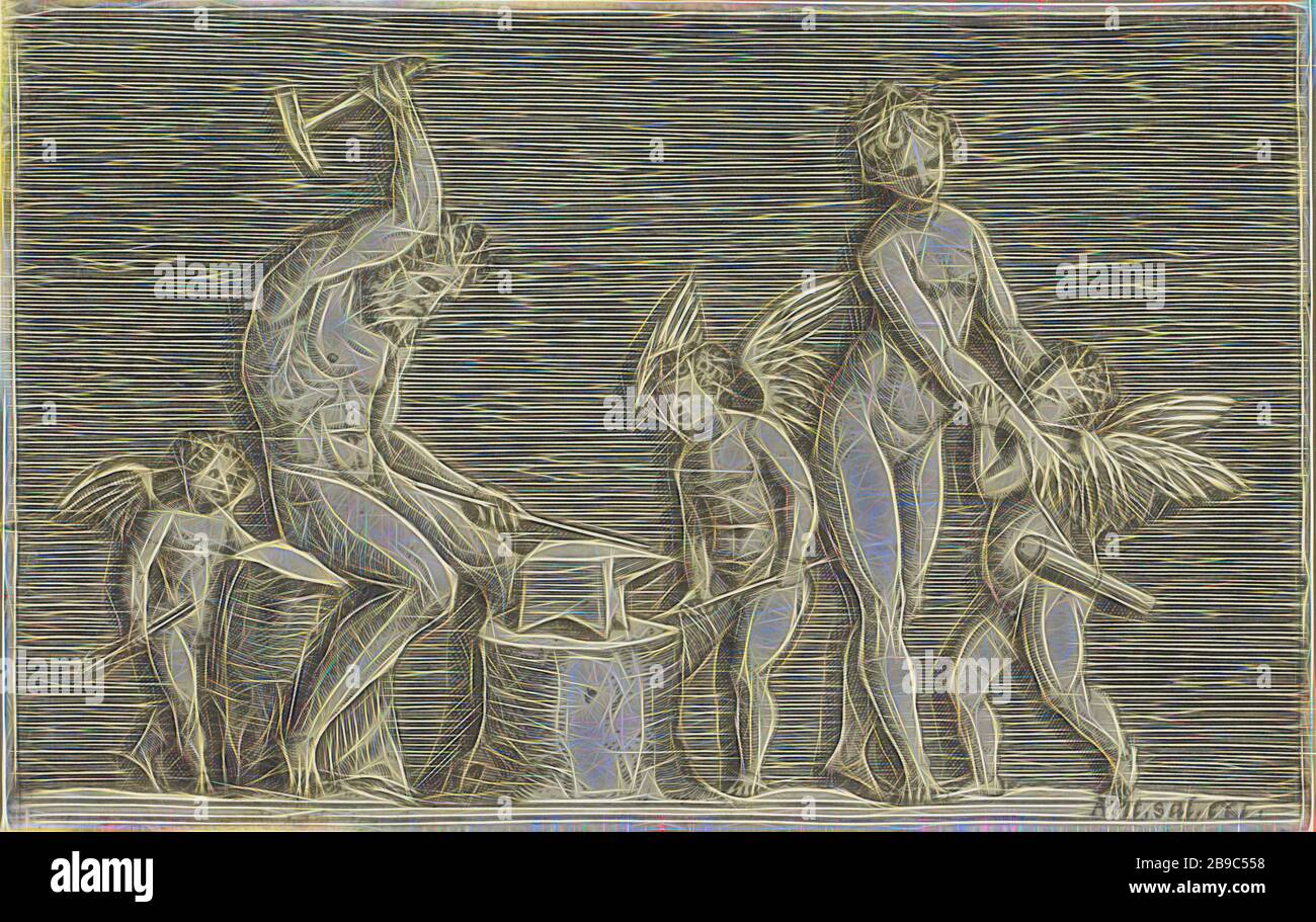 Vulcanus, Vénus et trois reliefs antiques putti (titre de la série), Vulcanus frappe avec un marteau sur une enclume. Derrière lui se trouve un puto. À droite se trouve Vénus avec deux putti., (histoire de) Vulcan (Hephaestus), cupids: 'amores', 'amoretti', 'putti', (histoire de) Vénus (Aphrodite), Marco Dente, 1517 - 1562, papier, gravure, 112 mm × W 176 mm, repensée par Gibon, design de rayons de lumière gaies et gaies. L'art classique réinventé avec une touche moderne. La photographie inspirée du futurisme, qui embrasse l'énergie dynamique de la technologie moderne, du mouvement, de la vitesse et révolutionne la culture. Banque D'Images