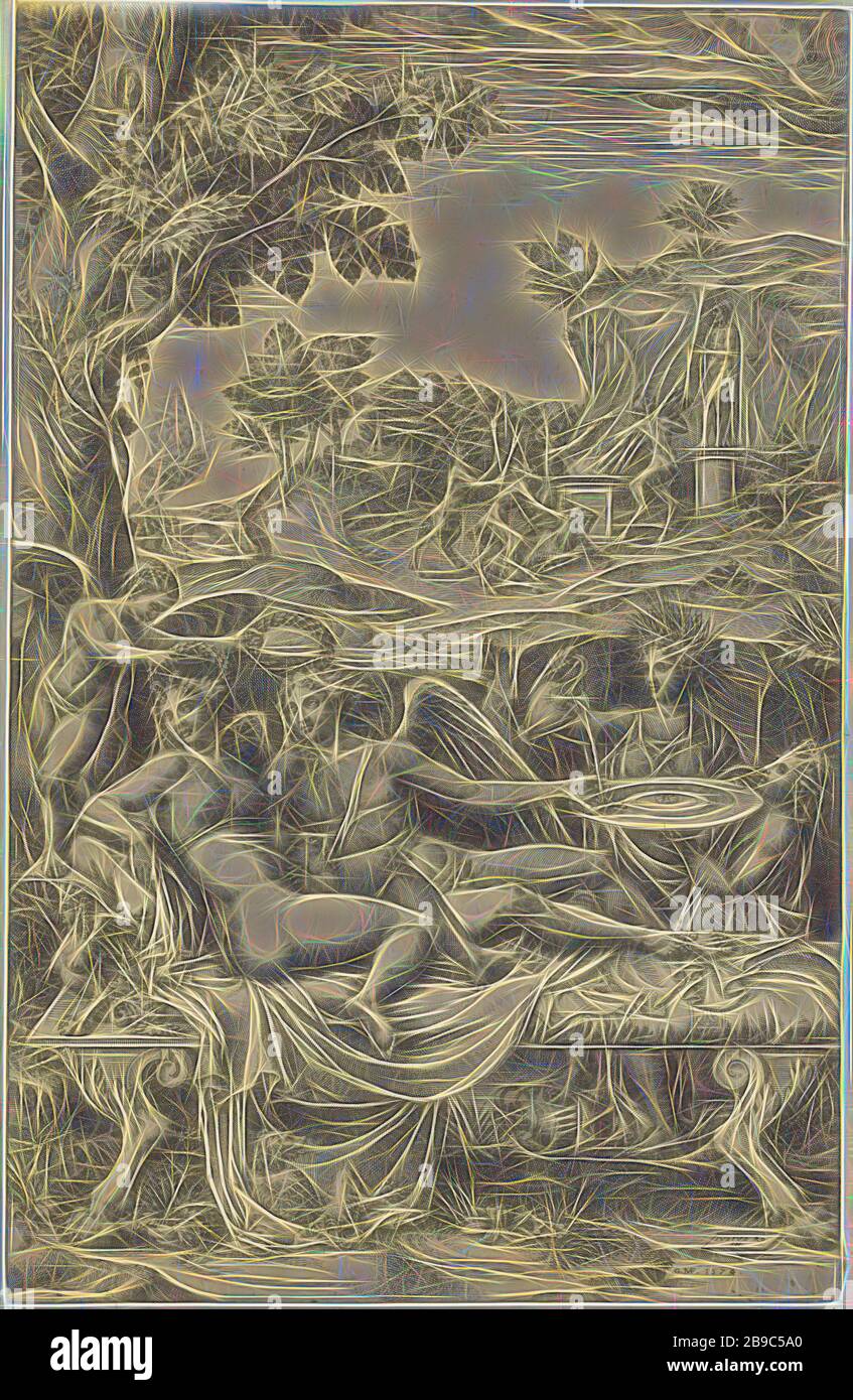Amor et Psyche, Amor et Psyche se trouvent sur une chaise longue avec leur enfant (Voluptas) paysage. Une figure aidée contient des couronnes de laurier au-dessus des têtes d'Amor et de Psyche. Sur la droite Ceres verse de l'eau sur la main d'Amor. Sa main penche sur une échelle portée par Juno. En arrière-plan un groupe de satyres offrant une chèvre pour une statue des dieux. Au premier plan se trouve un chien., Cupid et Psyche comme amoureux, Giorgio Ghisi (mentionné sur l'objet), 1574, papier, gravure, h 357 mm × W 229 mm, repensé par Gibon, design de gaie chaleureuse de luminosité et rayons de lumière radiance. L'art classique a réinventé l'esprit Banque D'Images