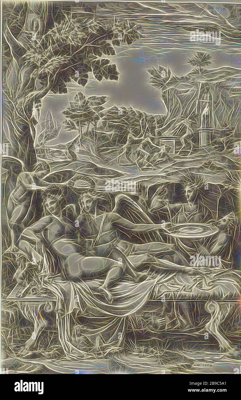 Amor et Psyche, Amor et Psyche mentent avec leur enfant (Voluptas) sur une chaise longue dans un paysage. Une figure aidée contient des couronnes de laurier au-dessus des têtes d'Amor et de Psyche. Sur la droite Ceres verse de l'eau sur la main d'Amor. Sa main penche sur une échelle portée par Juno. En arrière-plan un groupe de satyres offrant une chèvre pour une statue des dieux. Au premier plan se trouve un chien., Cupid et Psyche comme amoureux, Giorgio Ghisi (mentionné sur l'objet), 1574, papier, gravure, h 357 mm × W 230 mm, repensé par Gibon, design de gaie chaleureuse de luminosité et rayons de lumière radiance. Art classique réinvente Banque D'Images