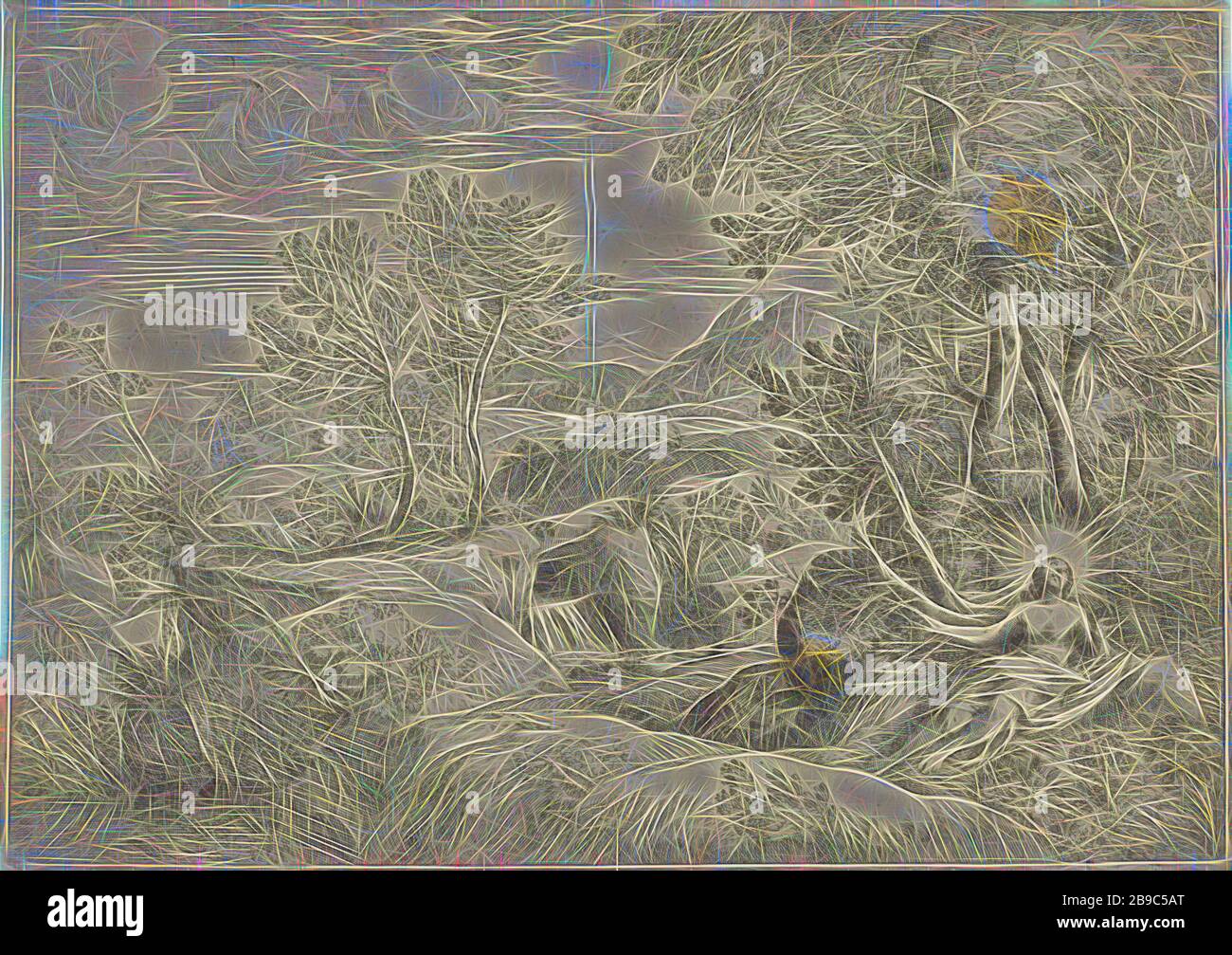 Paysage avec le penitent Mary Magdalene, un grand paysage avec le penitent Saint Mary Magdalene au premier plan à droite sous un arbre, paysages, le penitent harlot Mary Magdalene, attributs possibles: Livre (ou scroll), couronne, couronne d'épines, crucifix, bocal d'onguent, miroir, instrument de musique, palmier, rosaire, fléau, Giovanni Francesco Grimaldi, Italie, 1616 - 1680, papier, gravure, 272 h × W 387 mm, repensé par Gibon, design de gai gai chaud de luminosité et de rayons de lumière. L'art classique réinventé avec une touche moderne. Photographie inspirée du futurisme, emb Banque D'Images