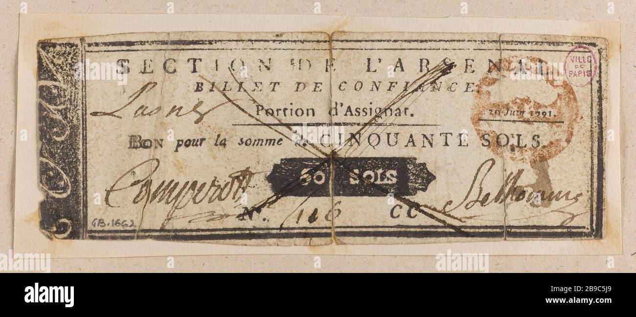 50 note la section du fonds d'affectation spéciale pour les sols de l'Arsenal, DC no 116, 20 juin 1791. Anonyme. Billette de confiance de 50 sols, caisse de la section de l'Arsenal, n° 116 CC, 20 juin 1791. Typographie, encre. 1790-1793. Paris, musée Carnavalet. Banque D'Images
