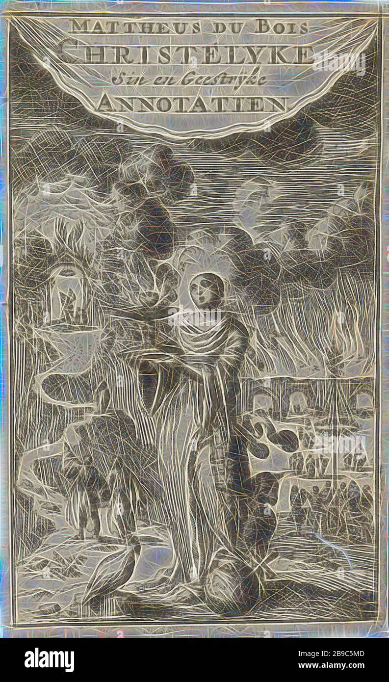 La femme porte un coeur brûlant sur un bol alors que son pied repose sur une pomme du gouvernement titre de: M. Bois, Christelyke sin- et Geestryke Annotation, 1686, le Sacré coeur, orb (symbole de souveraineté, sphère avec croix sur le dessus) - BB - femme dirigeant, Jan Luyken, Amsterdam, papier, gravure, h 106 mm × W 65 mm, repensée par Gibon, conception de la glanissement chaleureuse et gaie de la luminosité et des rayons de lumière radiance. L'art classique réinventé avec une touche moderne. La photographie inspirée du futurisme, qui embrasse l'énergie dynamique de la technologie moderne, du mouvement, de la vitesse et révolutionne la culture. Banque D'Images