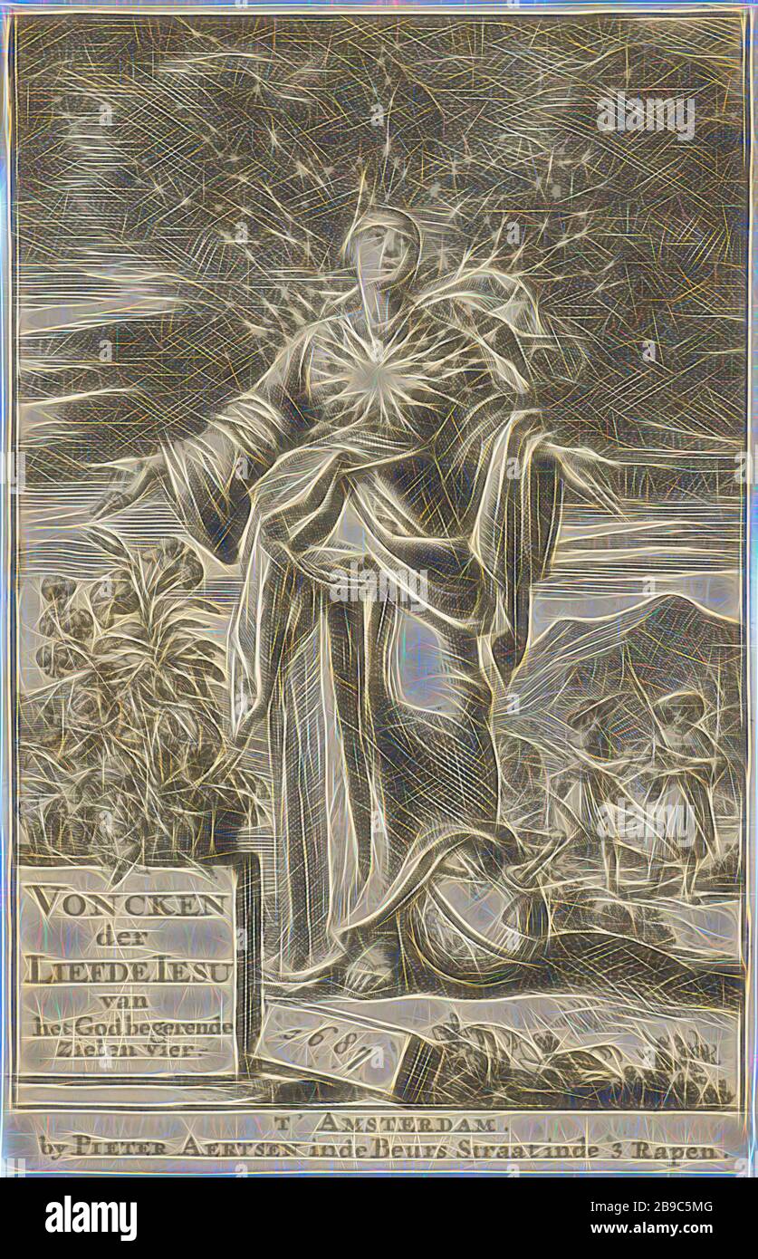 Femme avec bosom brûlant regardant vers le haut son pied est basé sur une pomme du gouvernement. En arrière-plan deux pèlerins, le Sacré coeur, orbe (symbole de souveraineté, sphère avec croix sur le dessus), pèlerinage, pèlerin (s) en cours, Jan Luyken, Amsterdam, 1687, papier, gravure, h 134 mm × W 87 mm, repensé par Gibon, design de glanissement chaleureux et rayons de lumière radiance. L'art classique réinventé avec une touche moderne. La photographie inspirée du futurisme, qui embrasse l'énergie dynamique de la technologie moderne, du mouvement, de la vitesse et révolutionne la culture. Banque D'Images