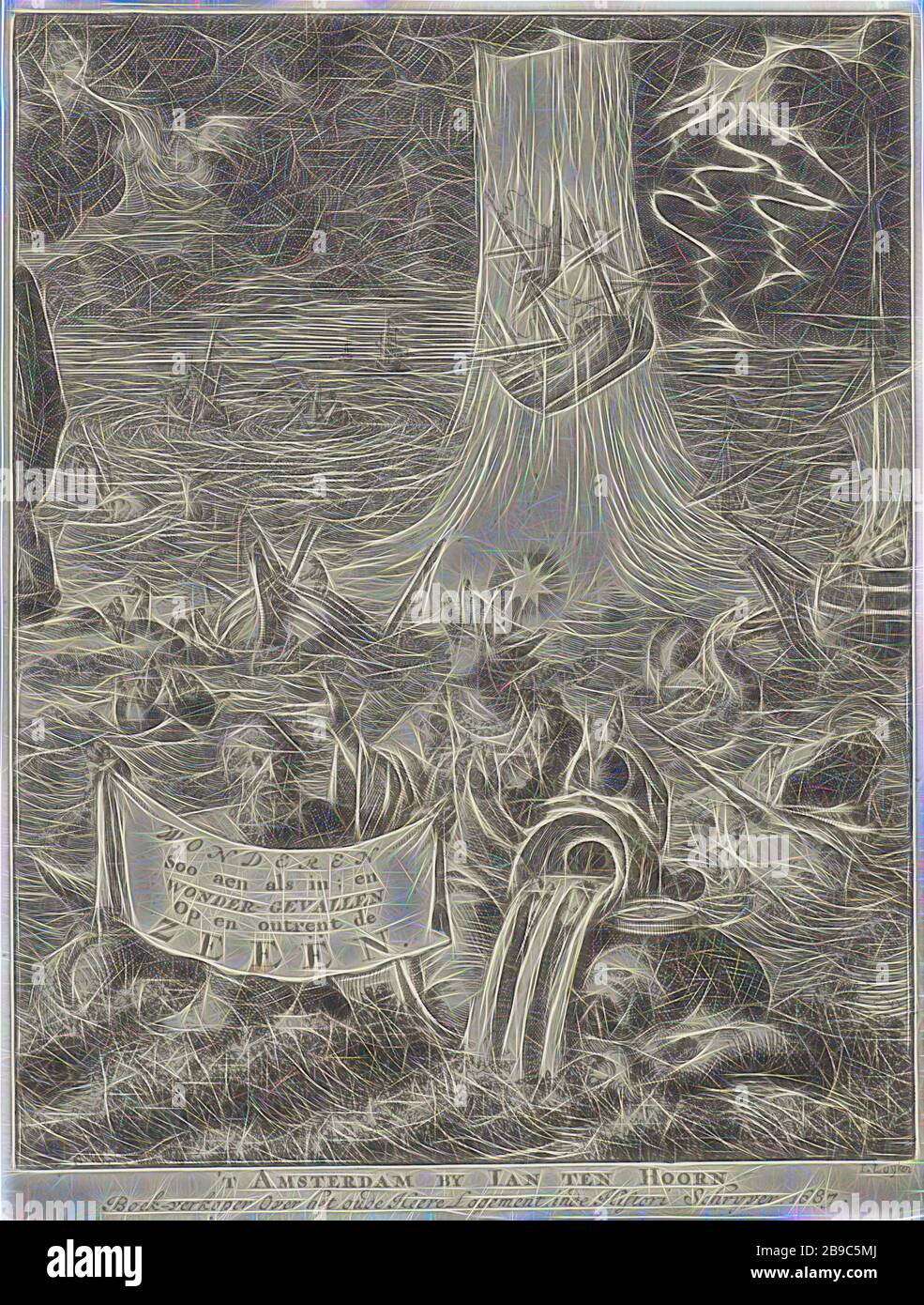 Figure féminine allégorique avec couronne d'un navire et Triton sur la mer rugueuse, mer personnifiée, 'Mare' (Ripa) (variante), monstres de la mer, tourbillon, cyclone, ouragan, typhon, tornade en mer, naufrage, Jan Luyken (mentionné sur l'objet), Amsterdam, 1687, papier, gravure, 194 h × 148 mm × 148 mm Repensée par Gibon, design de glanissement chaleureux et gai de la luminosité et des rayons de lumière radiance. L'art classique réinventé avec une touche moderne. La photographie inspirée du futurisme, qui embrasse l'énergie dynamique de la technologie moderne, du mouvement, de la vitesse et révolutionne la culture. Banque D'Images