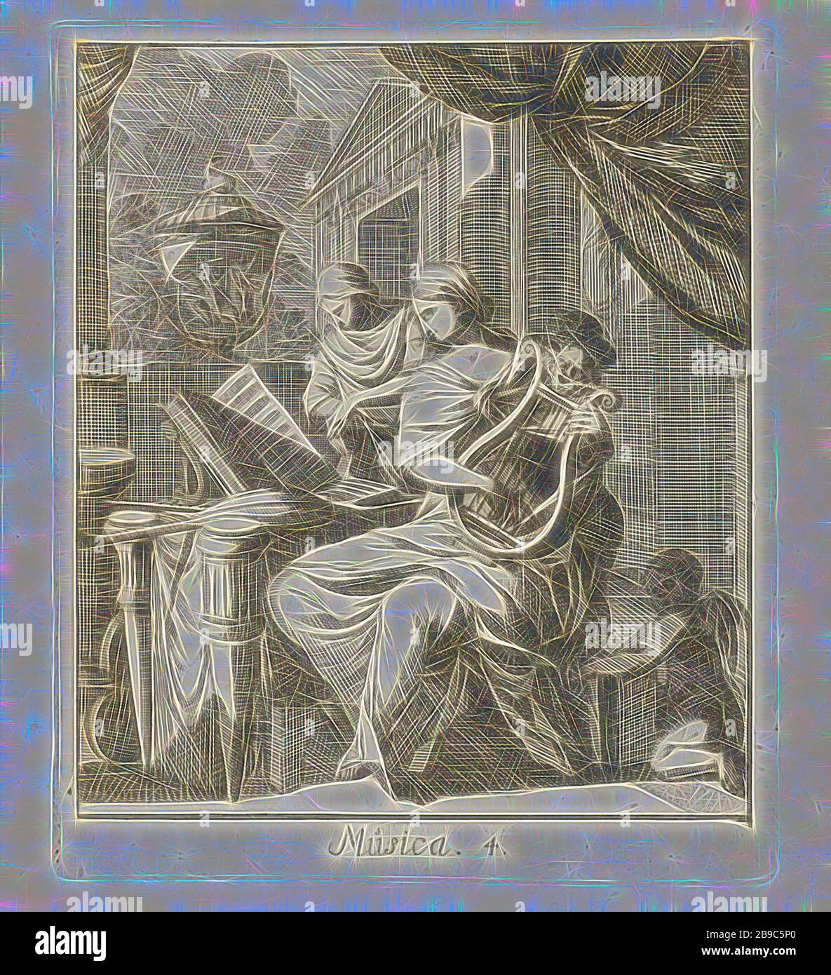 Musica Septem Artes liberales (titre de la série), Woman as Personification of Music (Musica), jouant sur une lyre. À côté de elle se trouve un livre de musique ouvert sur la table, 'Musica' (quadrivium), 'Musica' (Ripa), lyre, cithara, psaltère, Caspar Luyken, Amsterdam, 1691, papier, gravure, h 174 mm × W 147 mm, réimaginé par Gibon, design de gai gai chaud de luminosité et de rayons de lumière. L'art classique réinventé avec une touche moderne. La photographie inspirée du futurisme, qui embrasse l'énergie dynamique de la technologie moderne, du mouvement, de la vitesse et révolutionne la culture. Banque D'Images