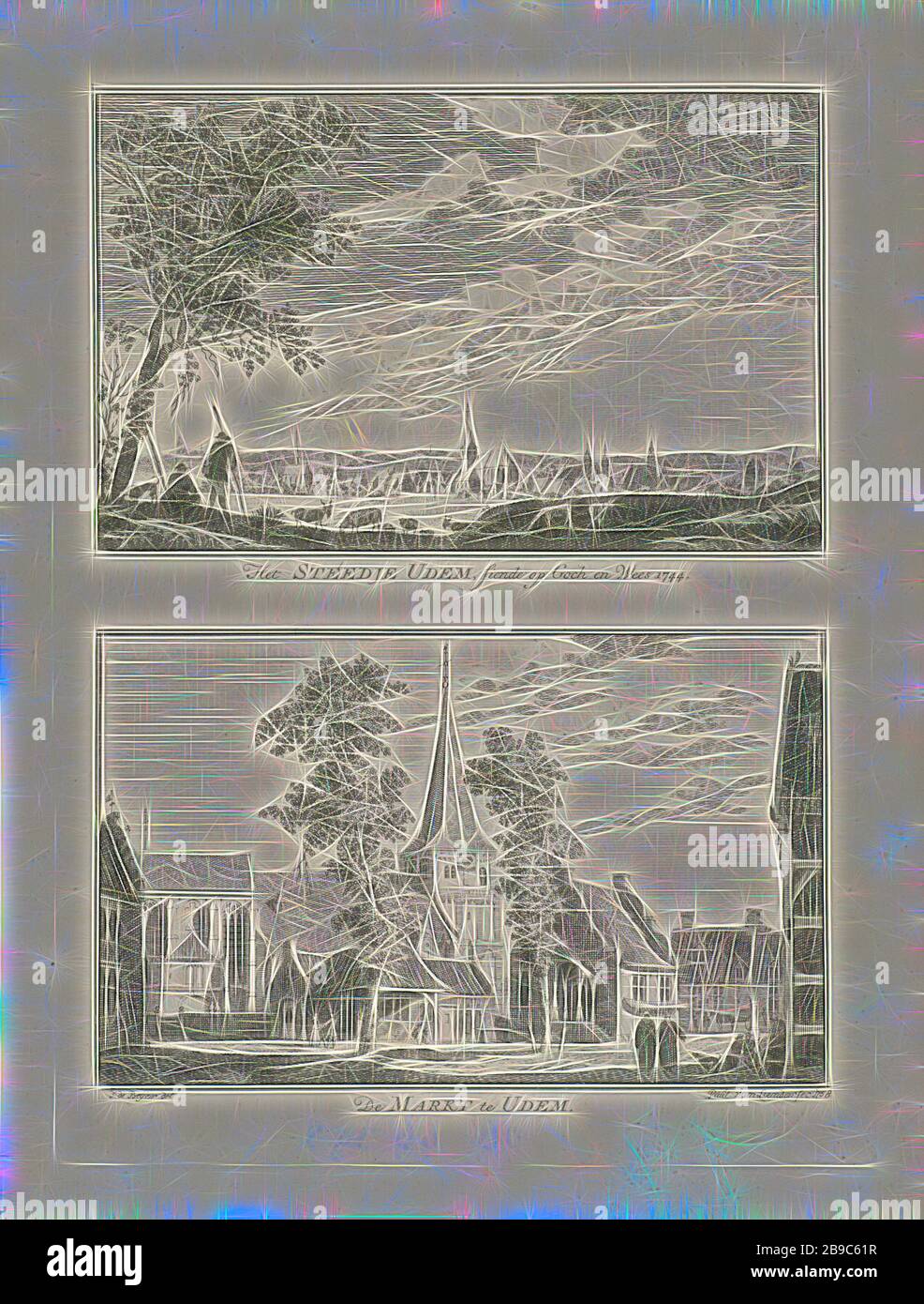 Cityscapes à Uedem, 1744 Het Steedje UdeM, servant sur goch et Wees 1744 / de Markt à UdeM (titre sur objet) Village et paysages urbains à Kleve (titre de la série), deux représentations d'une plaque. Deux vues sur la ville allemande d'Uedem. L'imprimé fait partie d'une série de 100 parties avec vue sur les villages et les villes de Kleve, vue sur la ville, Et paysage avec des constructions artificielles, rue, église (extérieure), Uedem, Paulus van Liender (mentionnée sur l'objet), 1758, papier, gravure, h 204 mm × W 149 mm, réinventé par Gibon, design de gaie chaleureuse de luminosité et de rayonnement de rayons de lumière. Art classique réinvente Banque D'Images